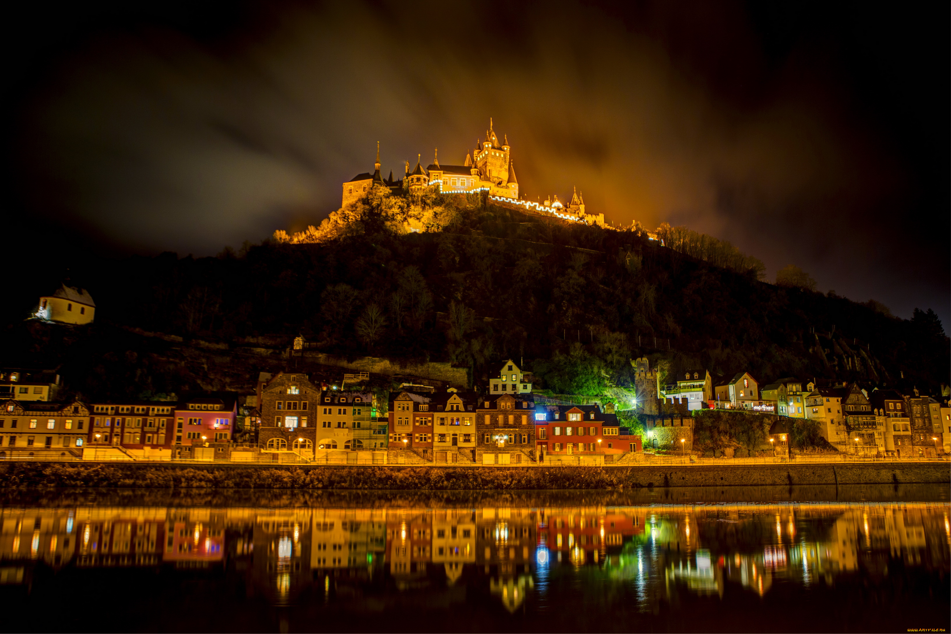 германия, кохем, города, ночь, огни, дома, замок, река