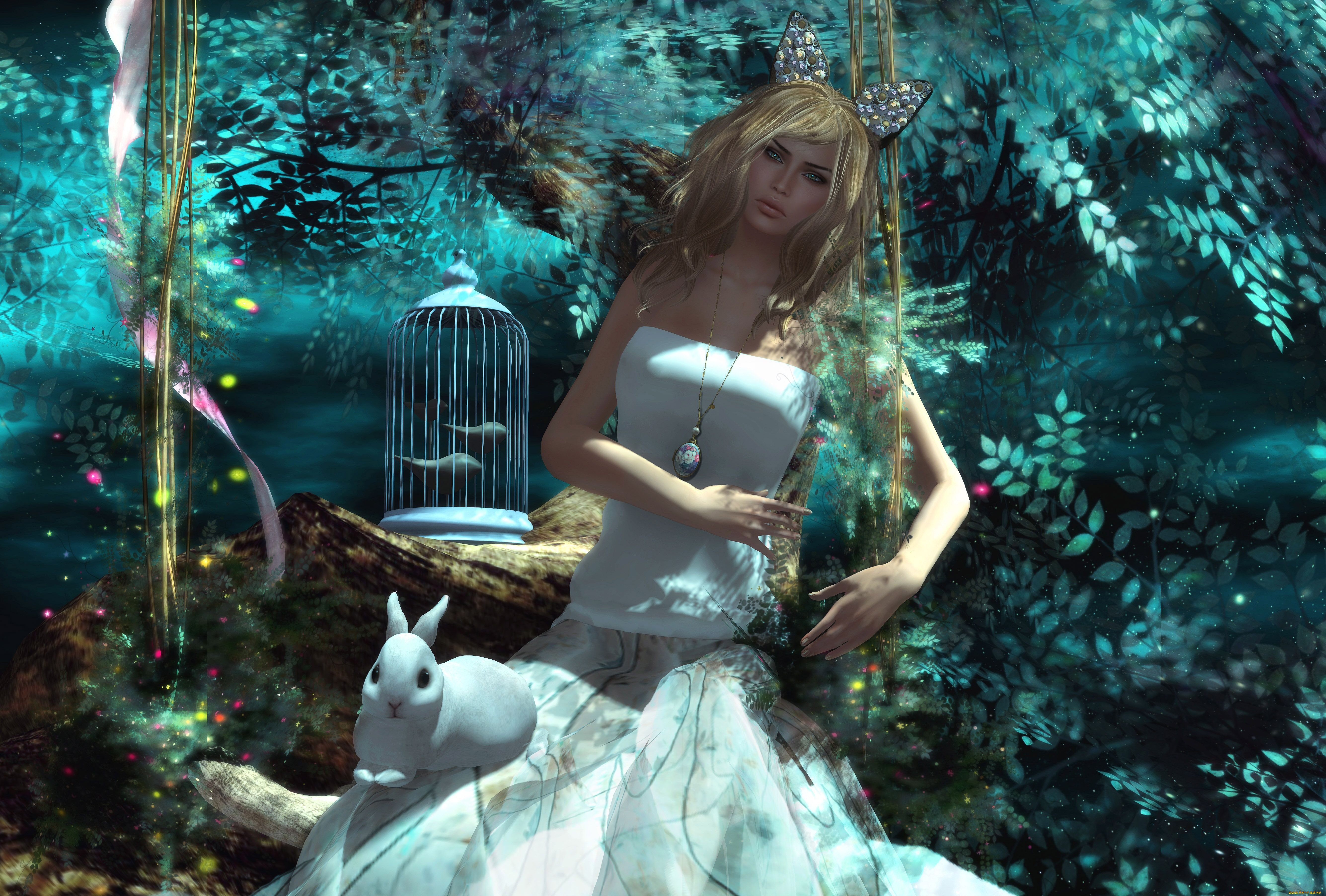 3д, графика, people, люди, клетка, кролик, девушка