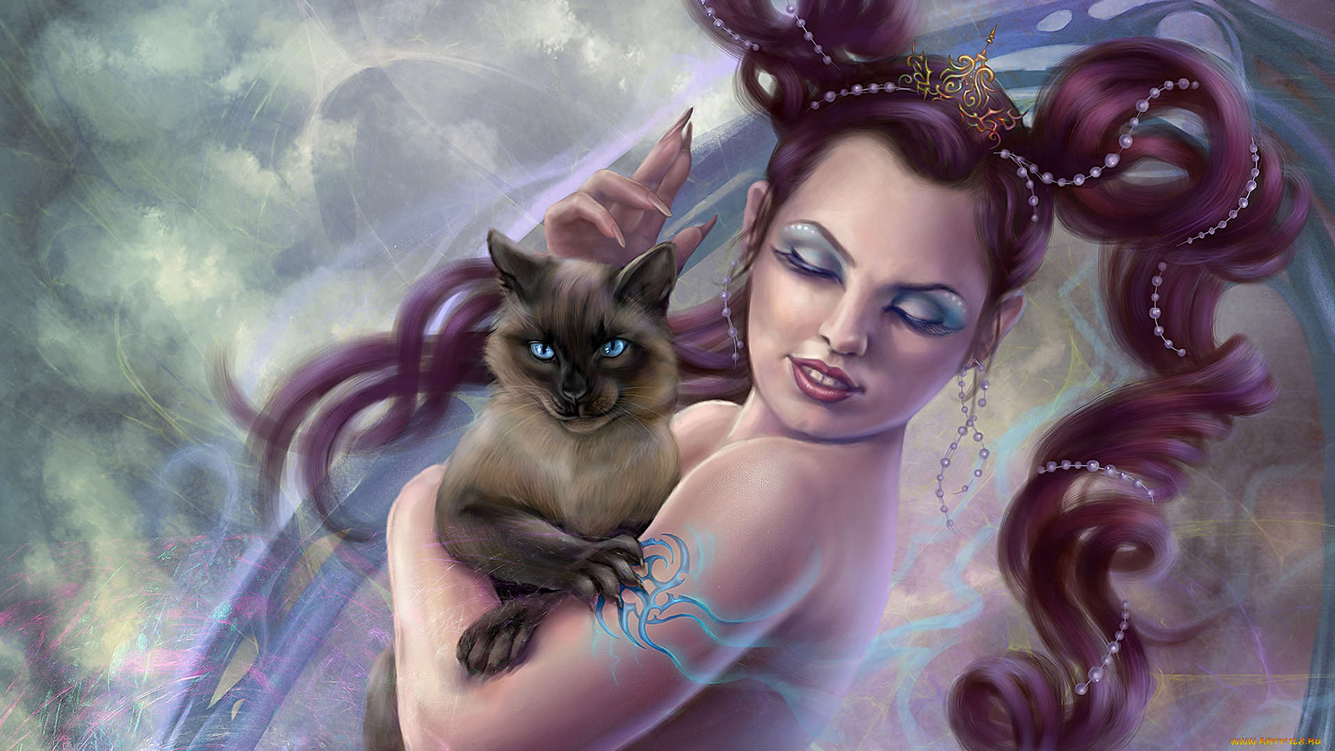 фэнтези, девушки, кошка