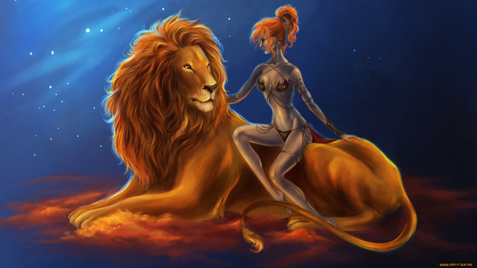 фэнтези, красавицы, и, чудовища, небо, звезды, лев, девушка
