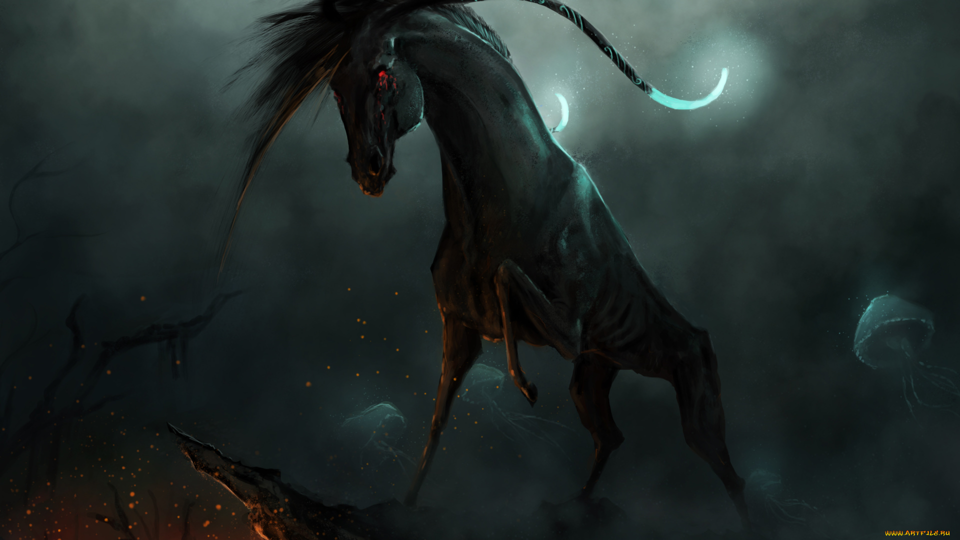 фэнтези, существа, медузы, утес, существо, огонь, конь, адский