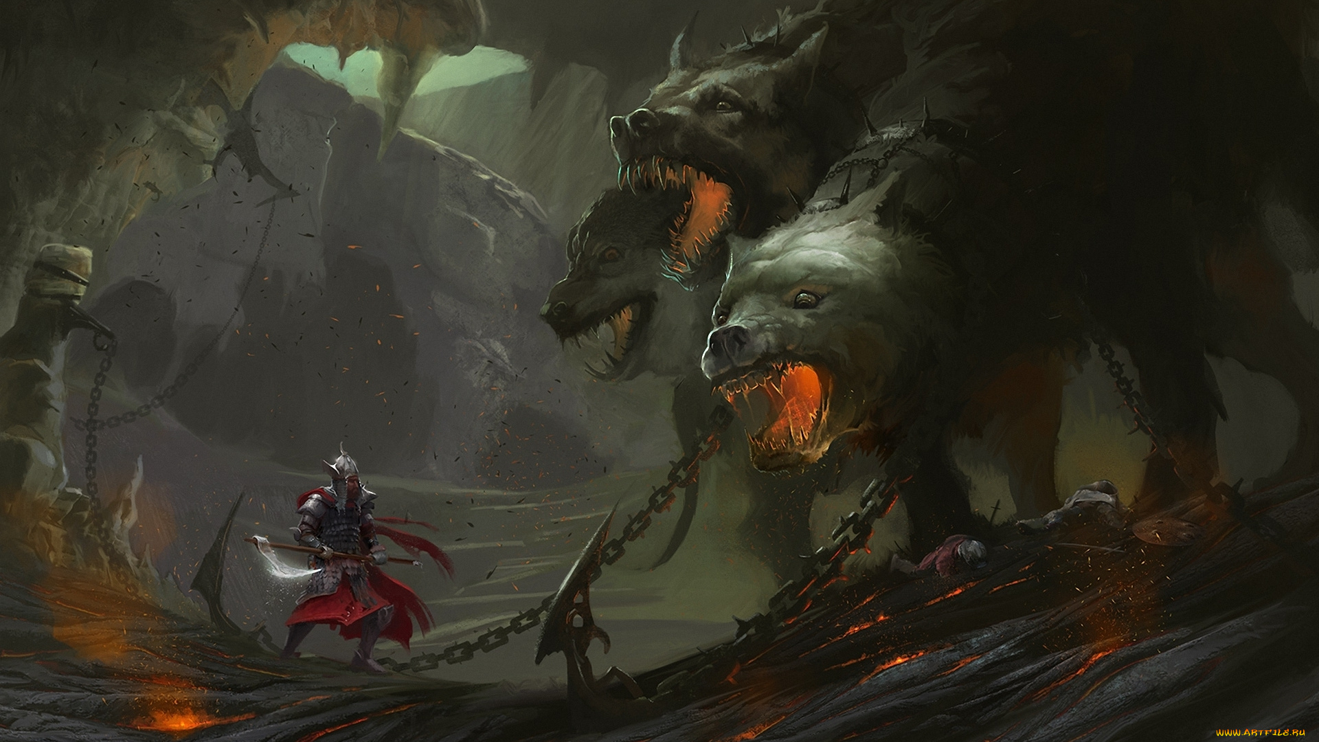 фэнтези, существа, схватка, цепи, адские, псы, воин