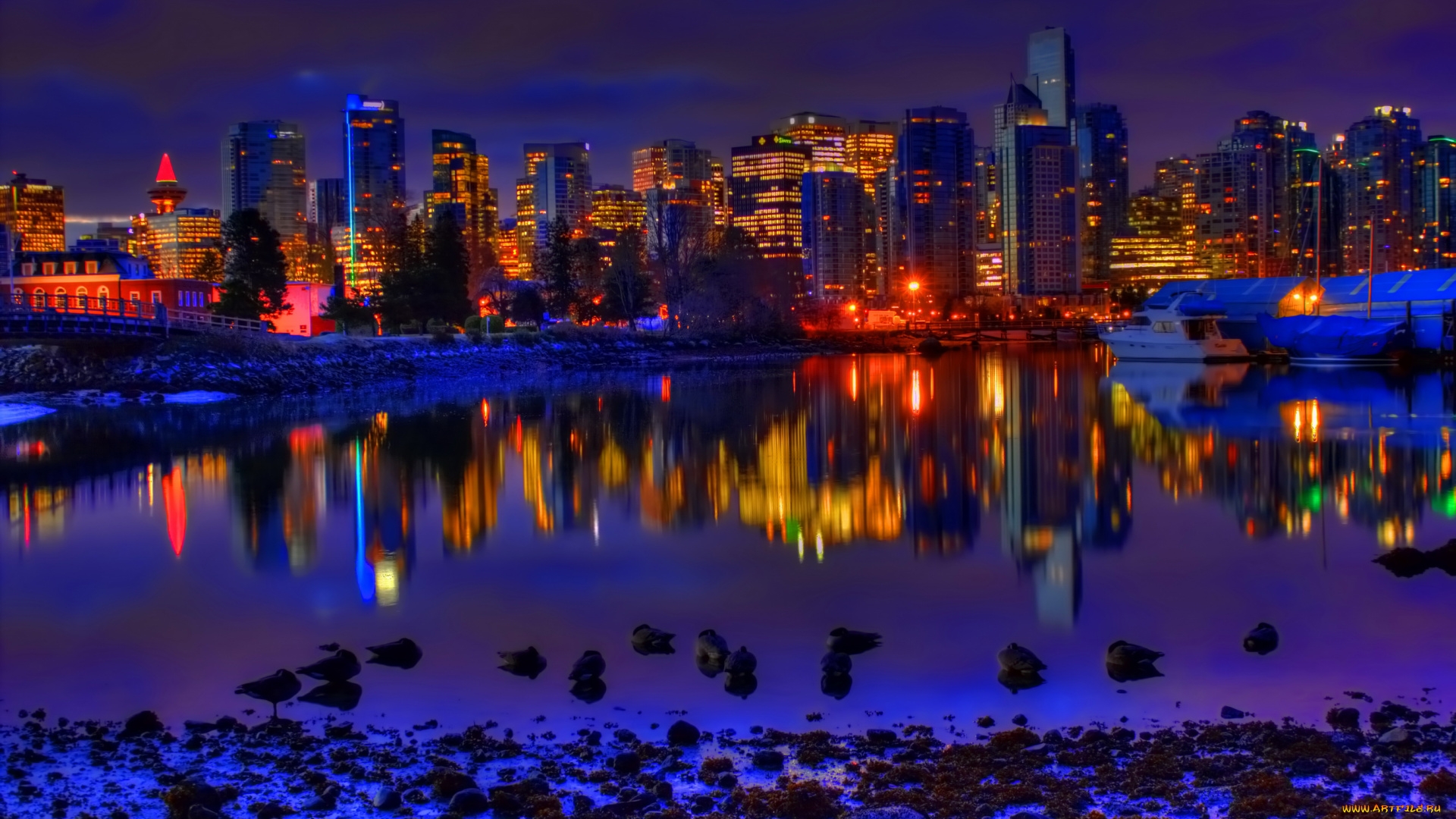 города, ванкувер, , канада, дома, река, огни, ночь, ванкувер