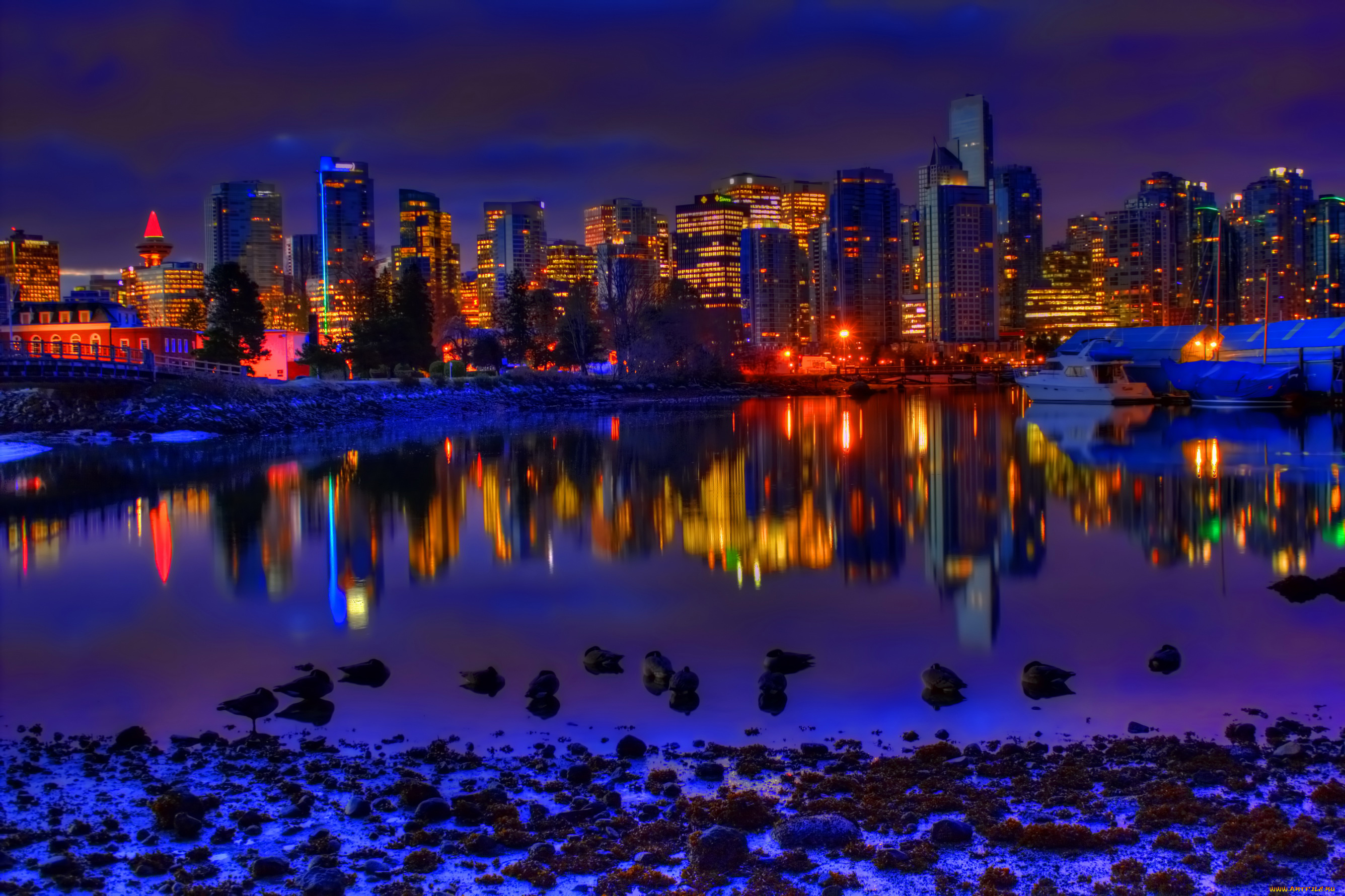 города, ванкувер, , канада, дома, река, огни, ночь, ванкувер