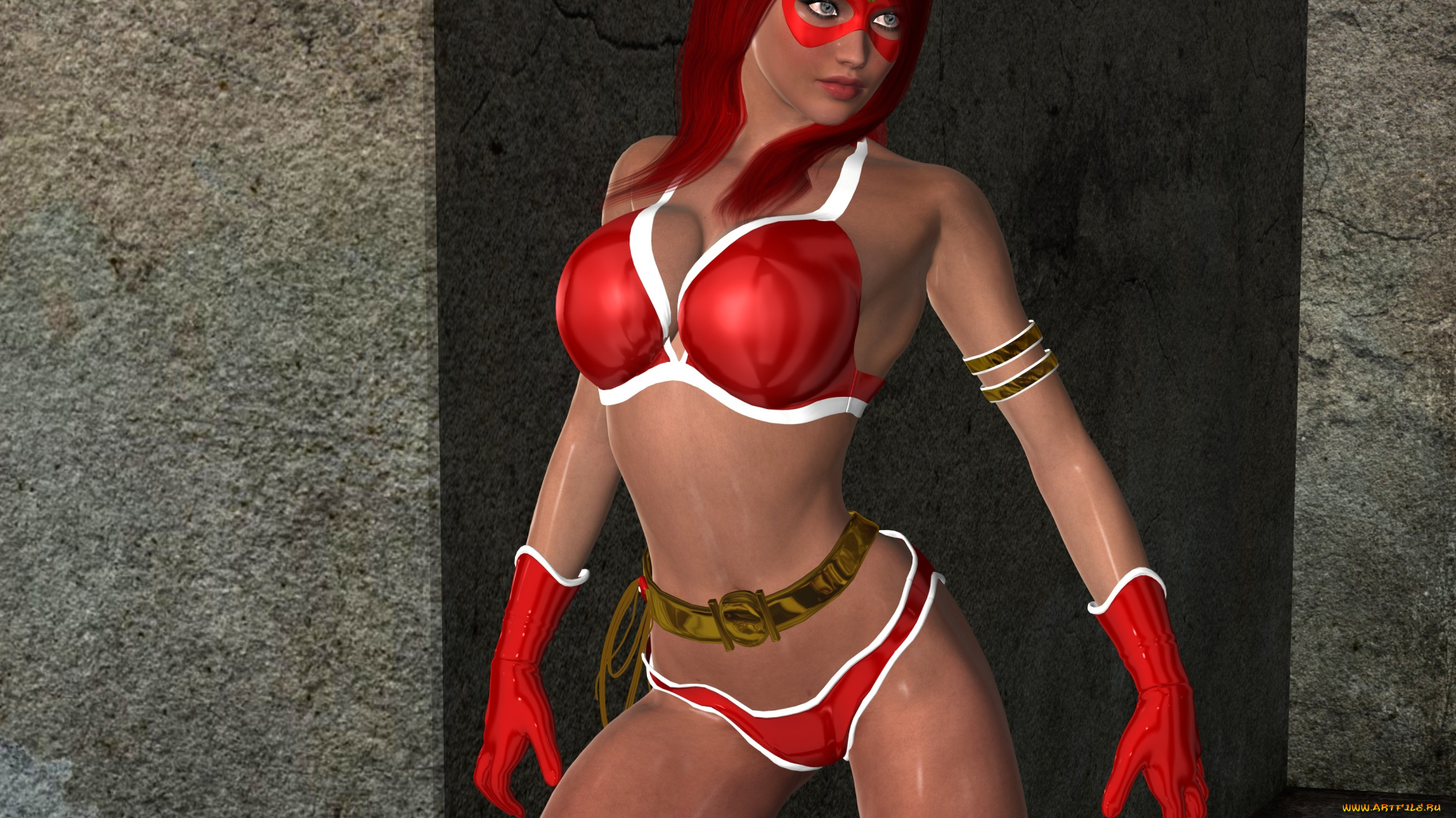 3д, графика, люди, , people, девушка, маска, рыжая, фон, взгляд