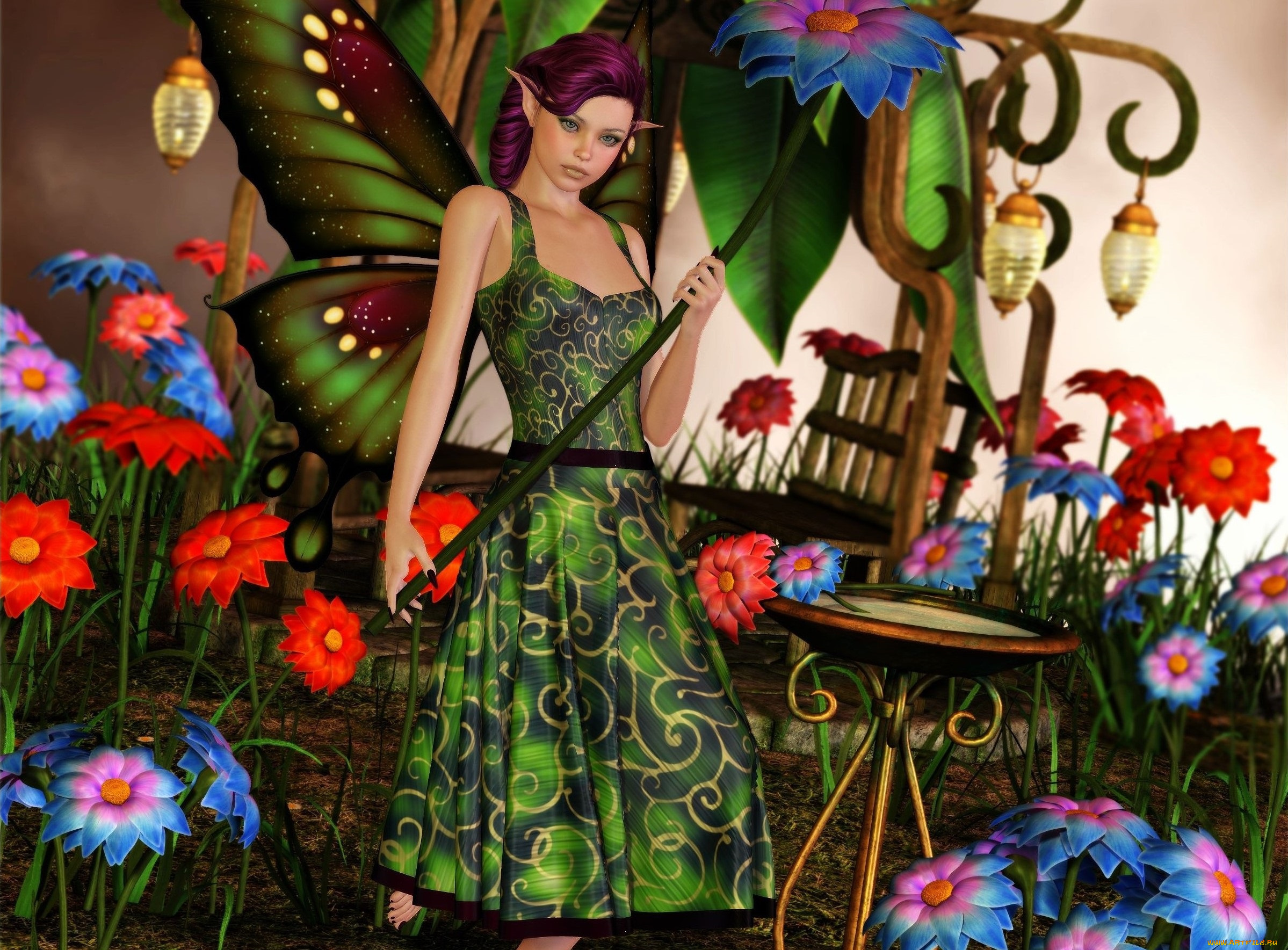 3д, графика, эльфы, , elves, эльфийка, взгляд, фон, цветы, фонарики, столик