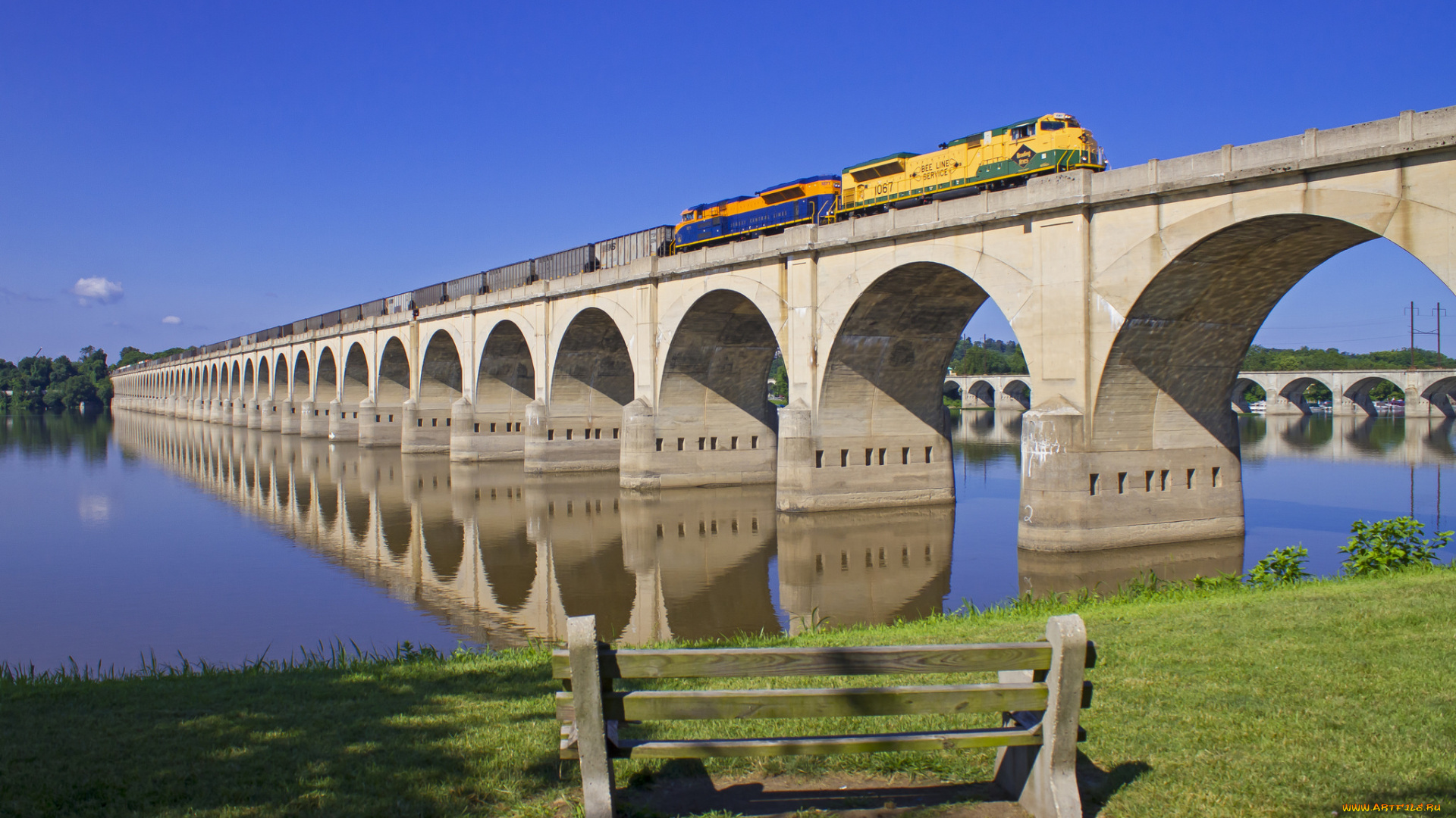 города, -, мосты, небо, деревья, река, мост, тепловоз