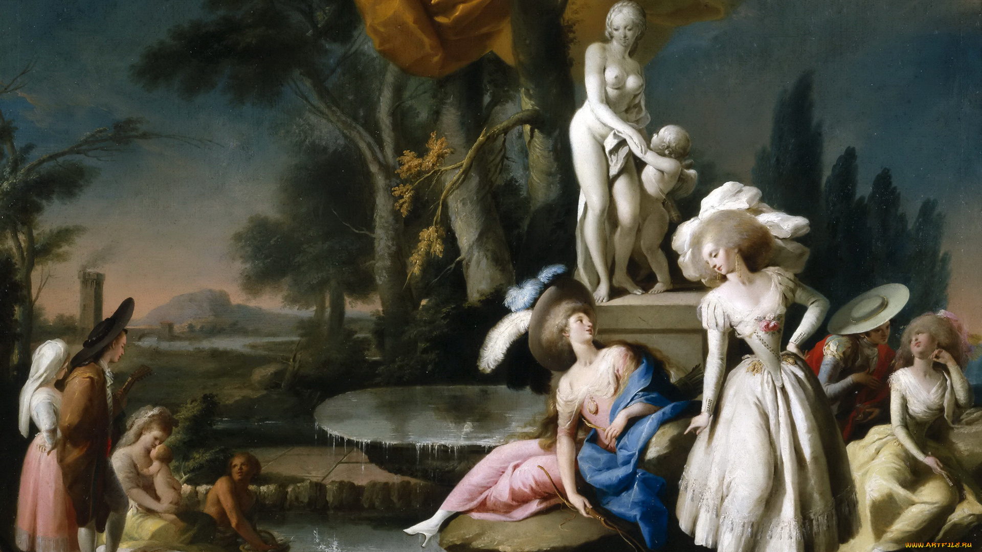 jose, camaron, boronat, рисованное, -, другое, жанровая, картина, общество, в, парке, люди, фонтан