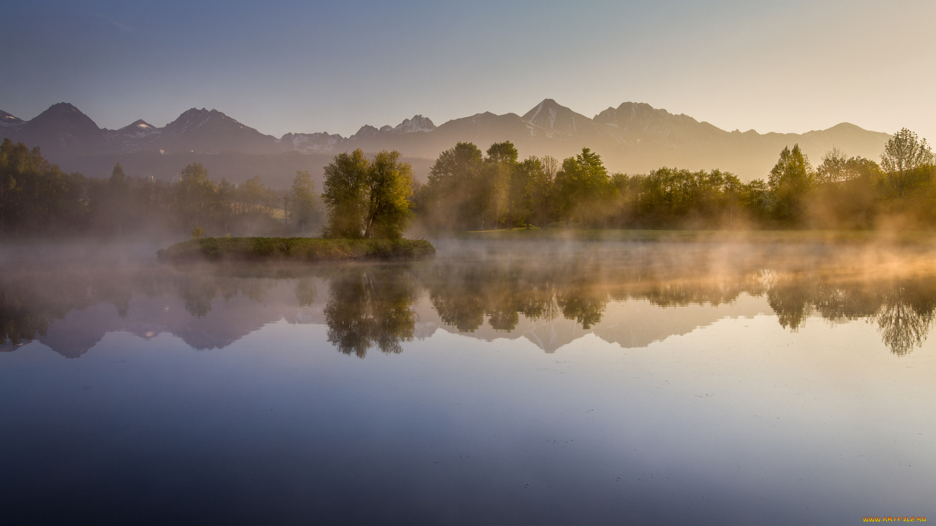 природа, реки, озера, лес, горы, деревья, озеро, дымка, утро