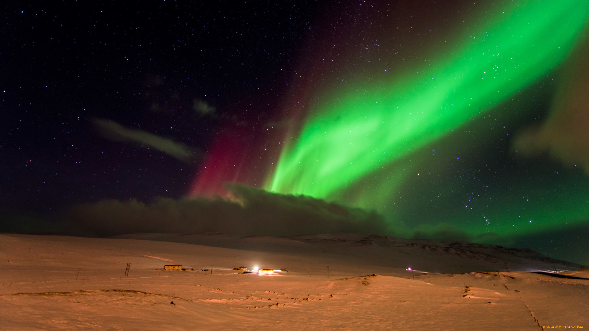 природа, северное, сияние, ночь, северное, сияние, звезды, снег