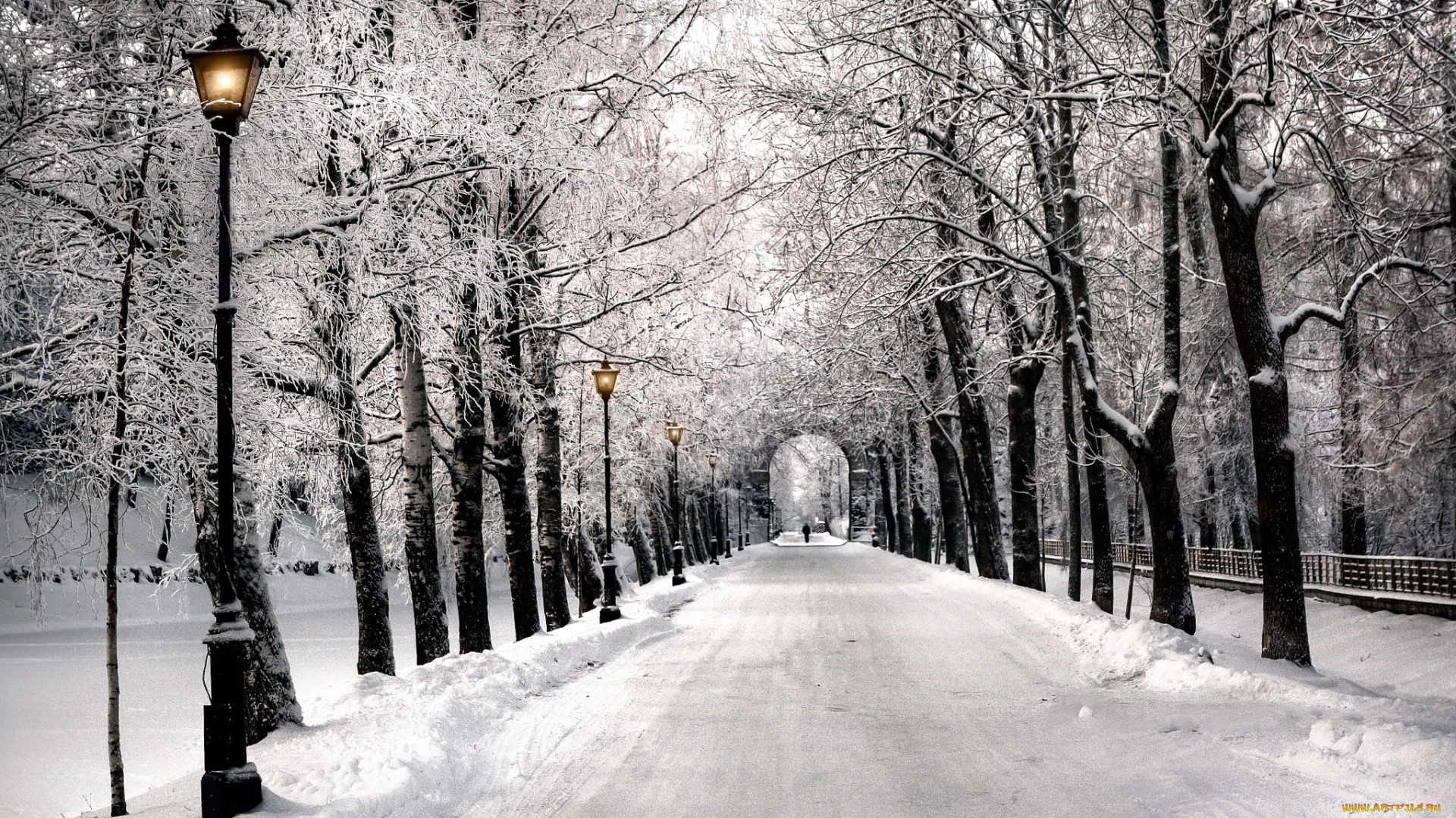 природа, зима, снег, фонари, аллея, парк