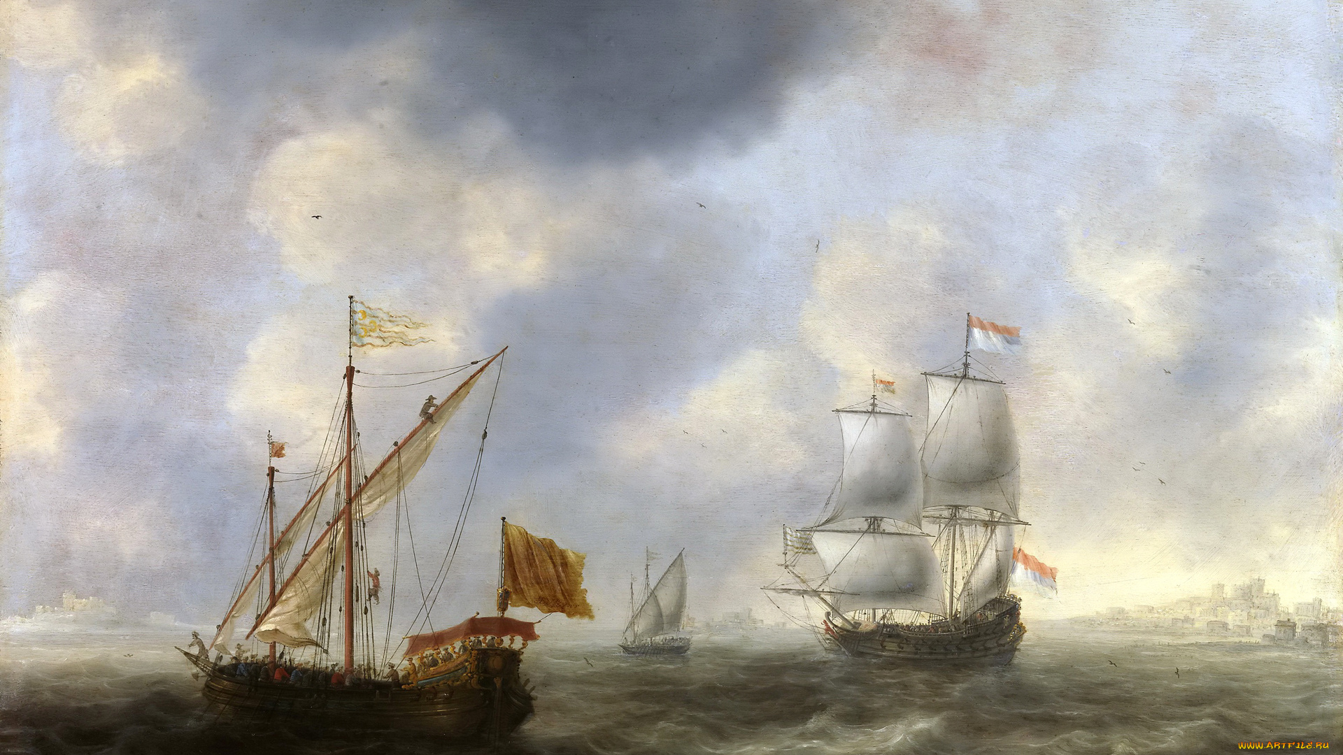 рисованное, живопись, флаг, волны, море, парус, морской, пейзаж, картина, корабль, турецкая, галера, и, голландское, судно, у, берега
