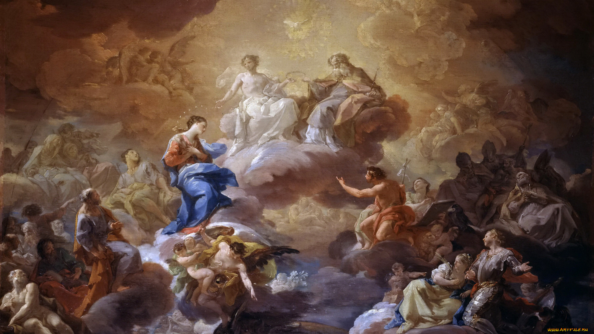 рисованное, живопись, мифология, картина, богородица, и, святые, святая, троица, религия