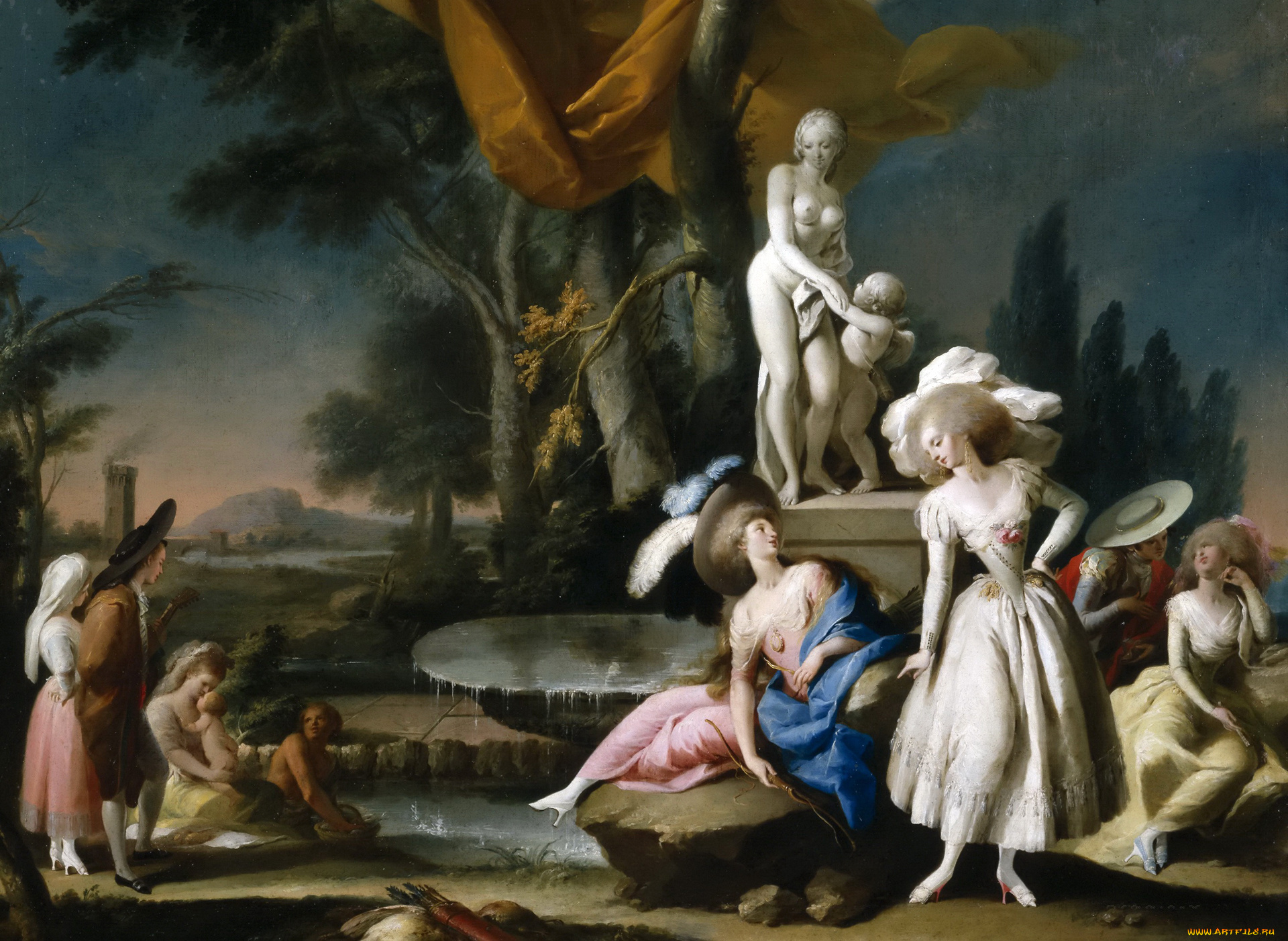 jose, camaron, boronat, рисованное, -, другое, жанровая, картина, общество, в, парке, люди, фонтан