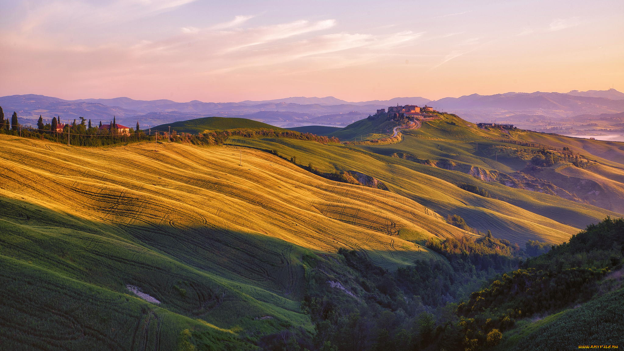 города, -, пейзажи, поле, горы, закат