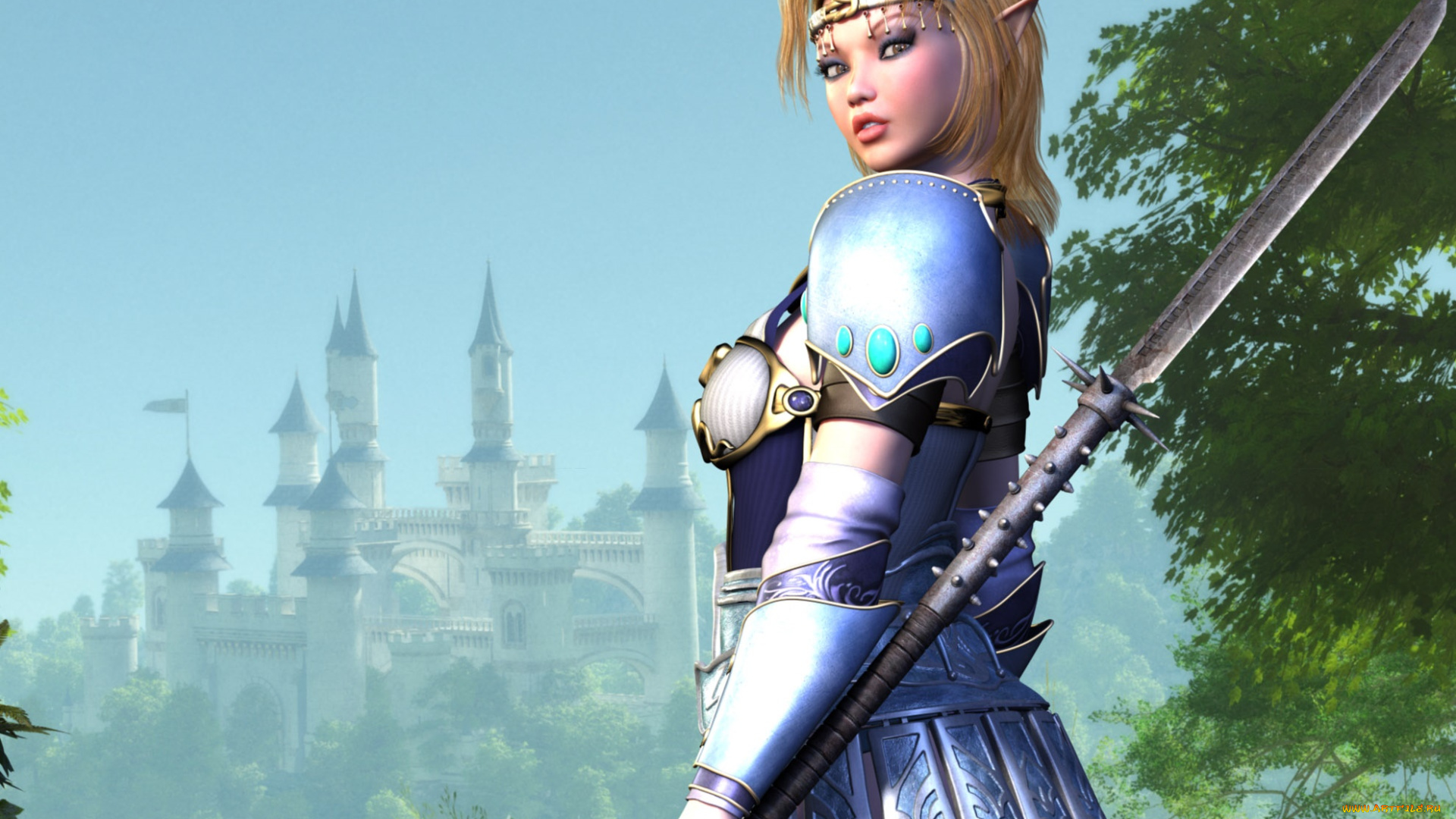 3д, графика, эльфы, , elves, эльфийка, взгляд, фон, оружие