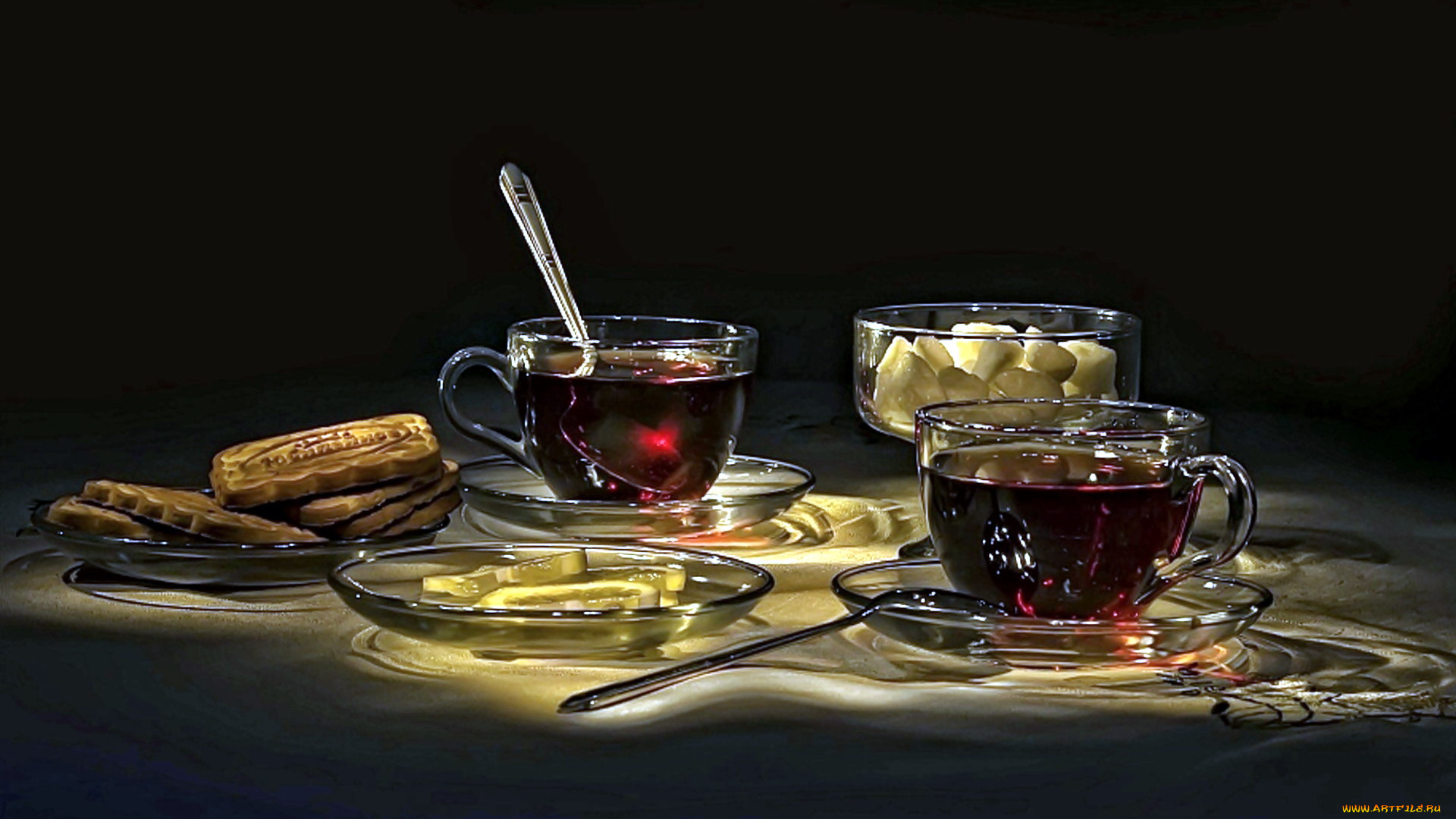 еда, напитки, , Чай, чай, сахар, лимон, печенье