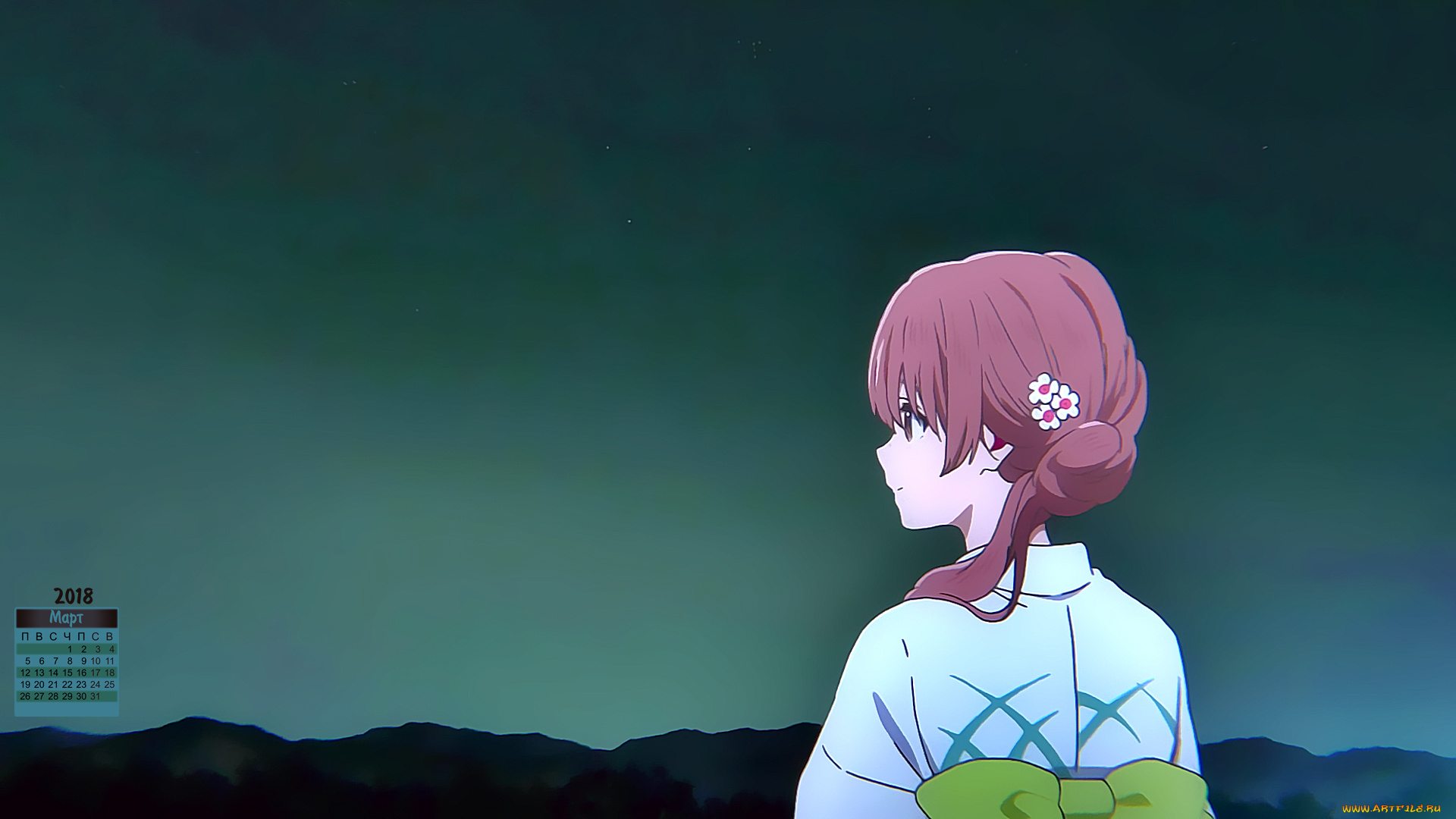 календари, аниме, ночь, профиль, взгляд, девушка, 2018