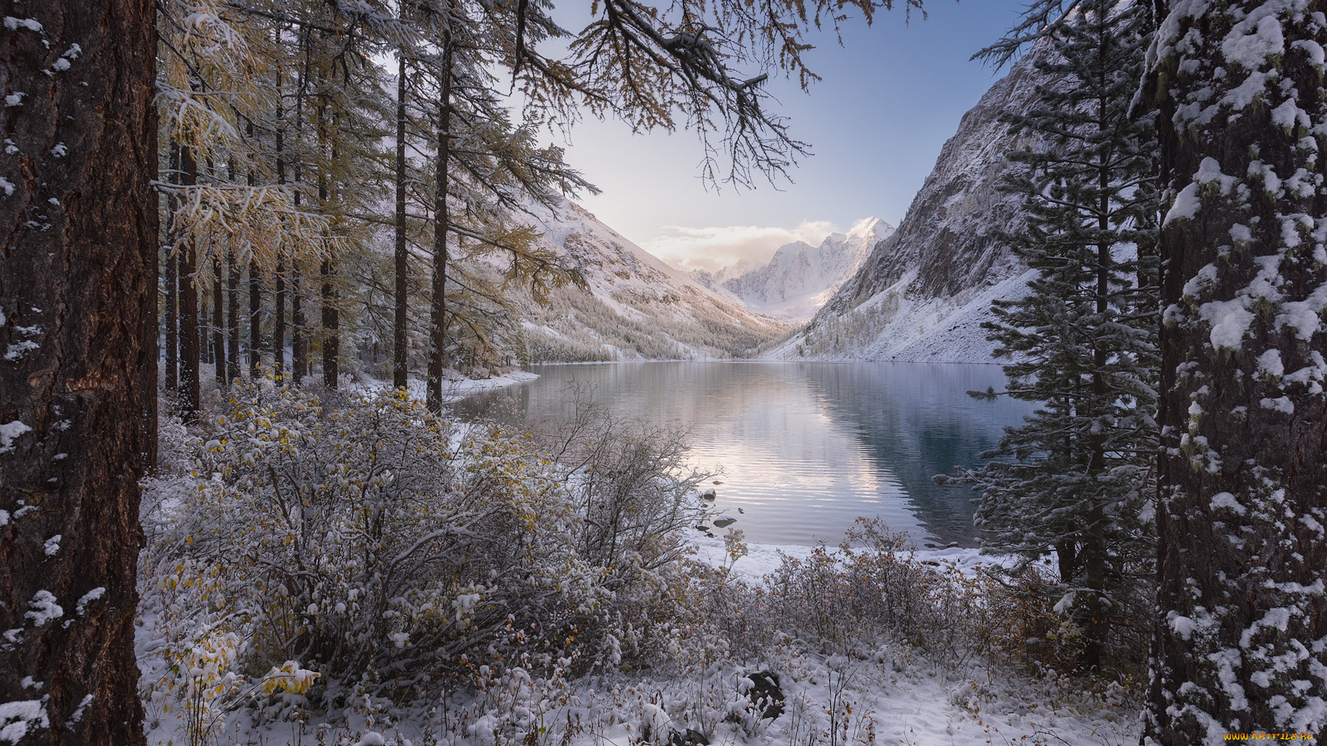 природа, реки, озера, лес, деревья, кусты, озеро, снег, горы, зима