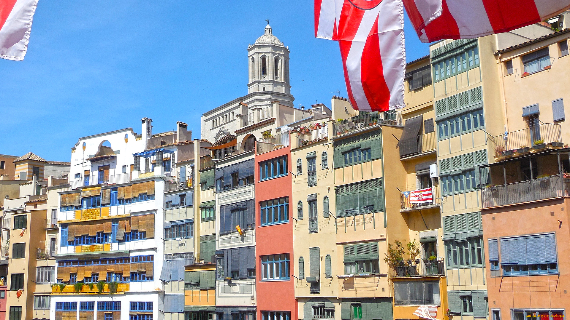 жирона, города, -, здания, , дома, флаг, дом