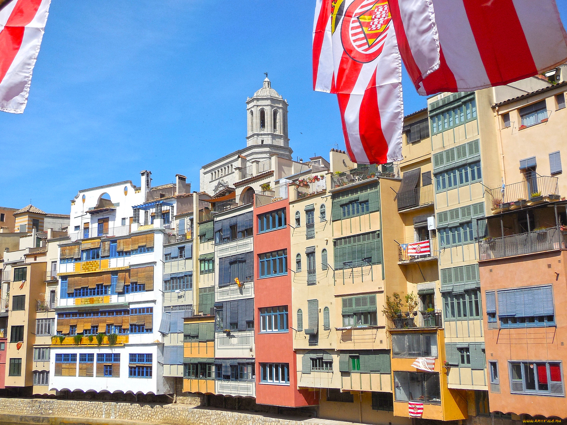 жирона, города, -, здания, , дома, флаг, дом