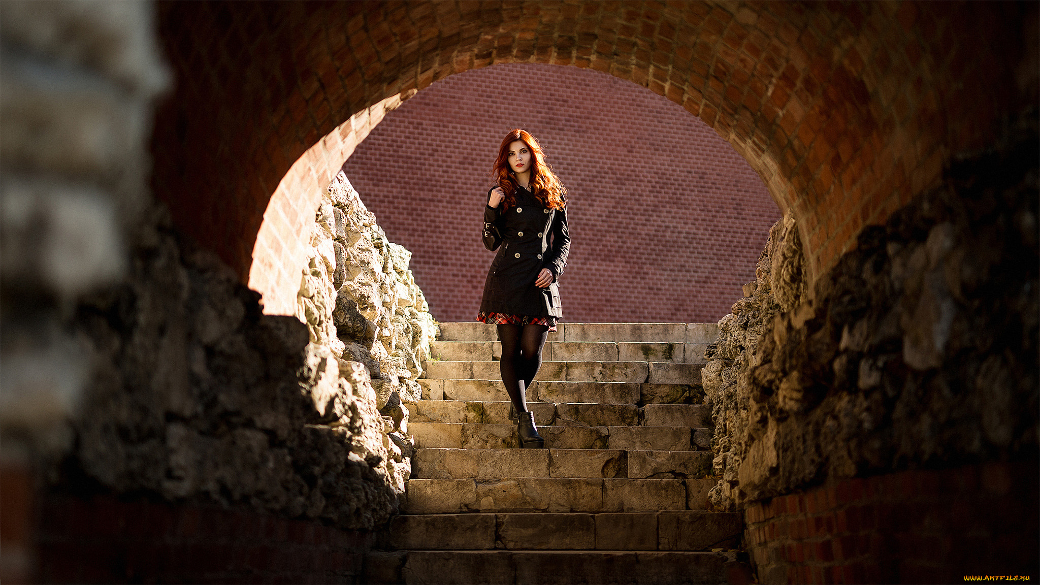 девушка, девушки, -unsort, , рыжеволосые, и, другие, модель, лина, александр, чуприна, черное, пальто, колготки, лестница