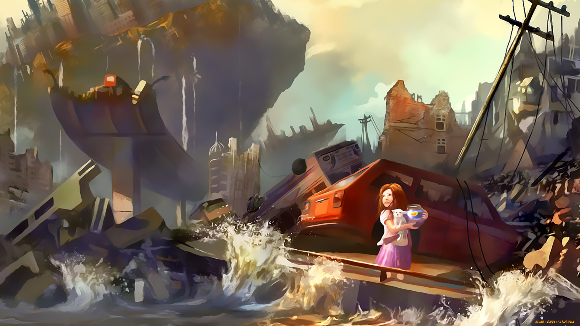 календари, фэнтези, водоем, автомобиль, девочка, 2020, calendar, катастрофа, разрушение, машина