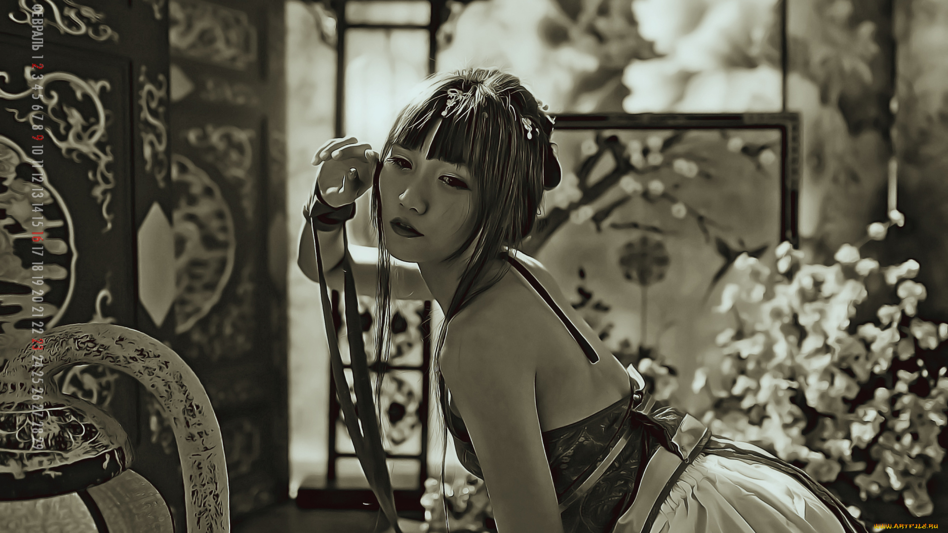 календари, компьютерный, дизайн, комната, азиатка, цветы, девушка, женщина, модель, calendar, 2020