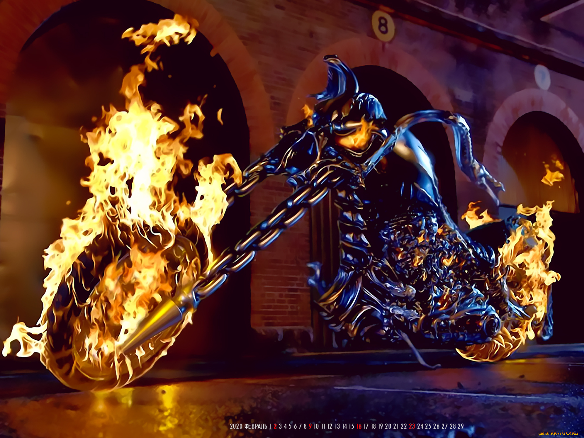 календари, фэнтези, calendar, цепь, пламя, огонь, мотоцикл, 2020