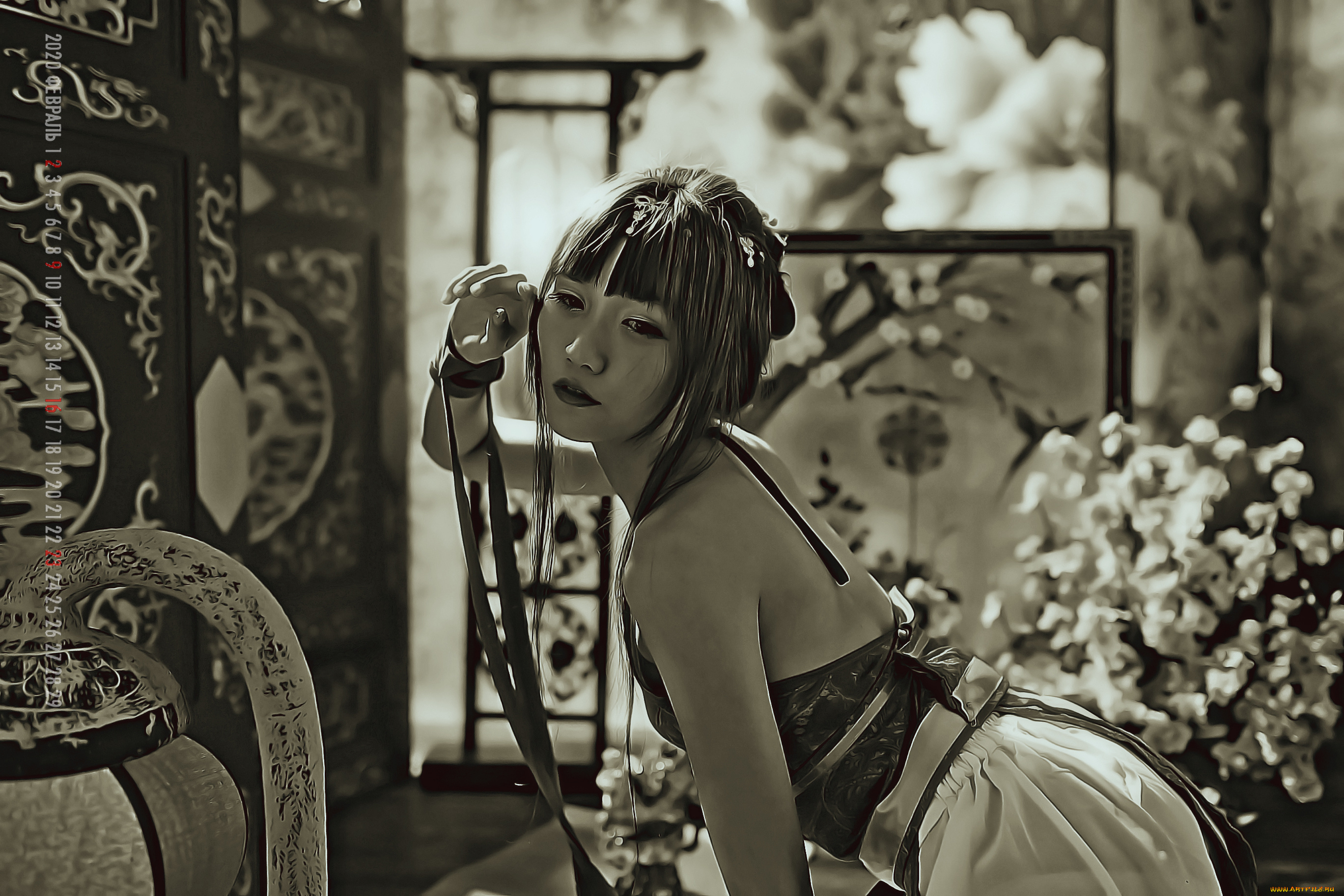 календари, компьютерный, дизайн, комната, азиатка, цветы, девушка, женщина, модель, calendar, 2020