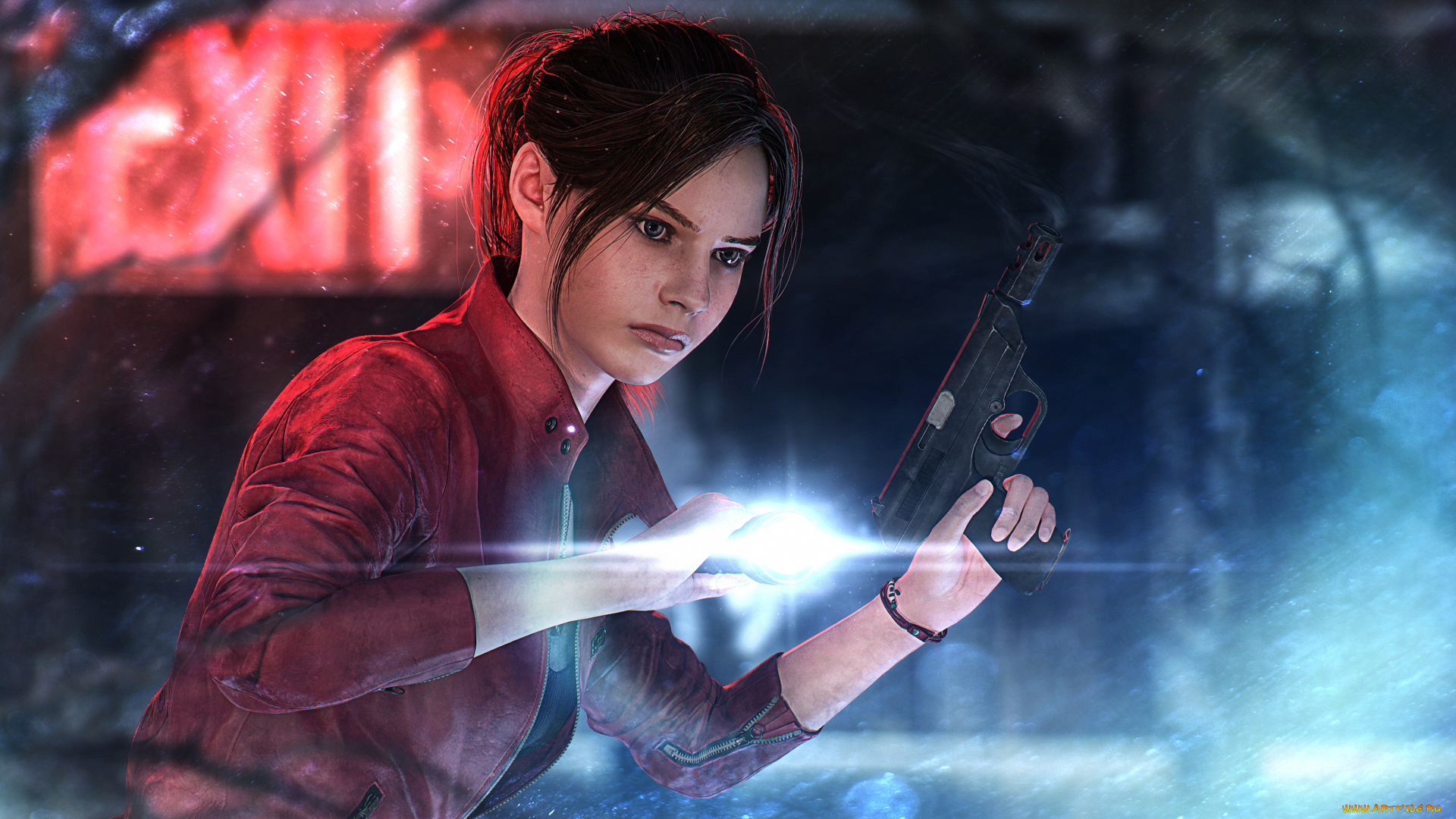 видео, игры, resident, evil, девушка, фон, фонарик, пистолет