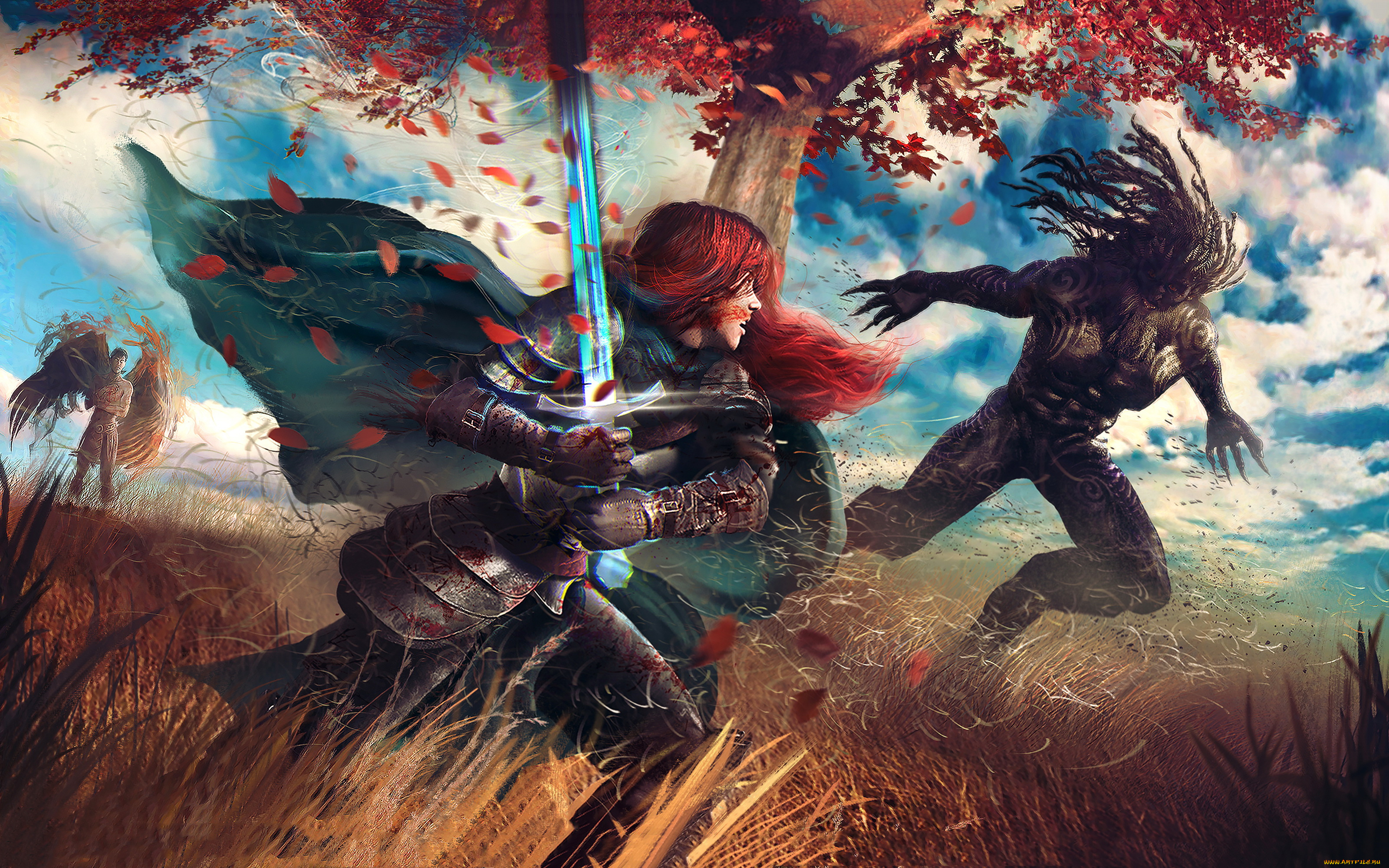 фэнтези, красавицы, и, чудовища, ангел, девушка, существо, рыцарь, бой, латы, меч