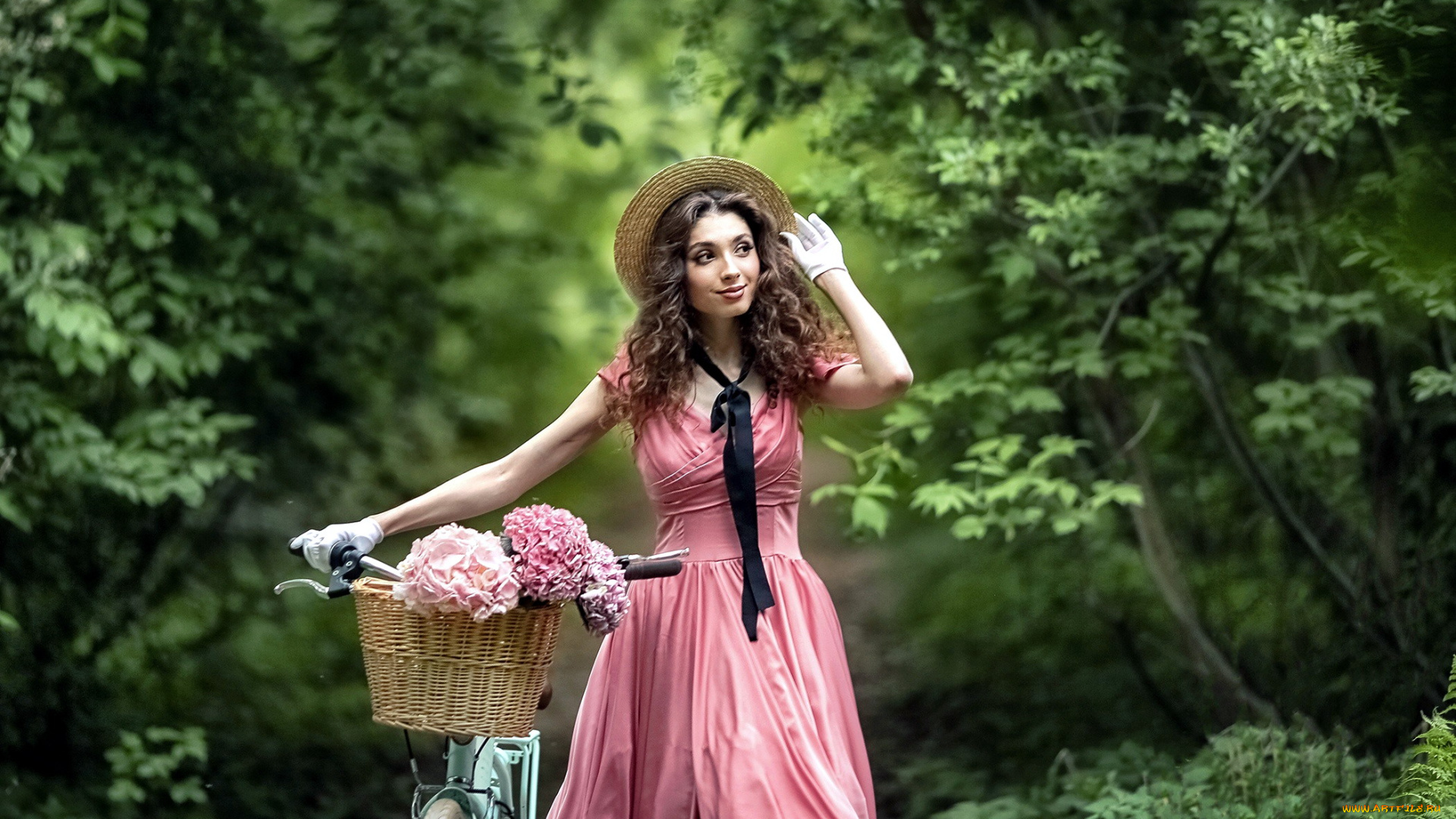 девушки, -, брюнетки, , шатенки, лес, шатенка, шляпка, локоны, велосипед, гортензия, ксения, ждахина