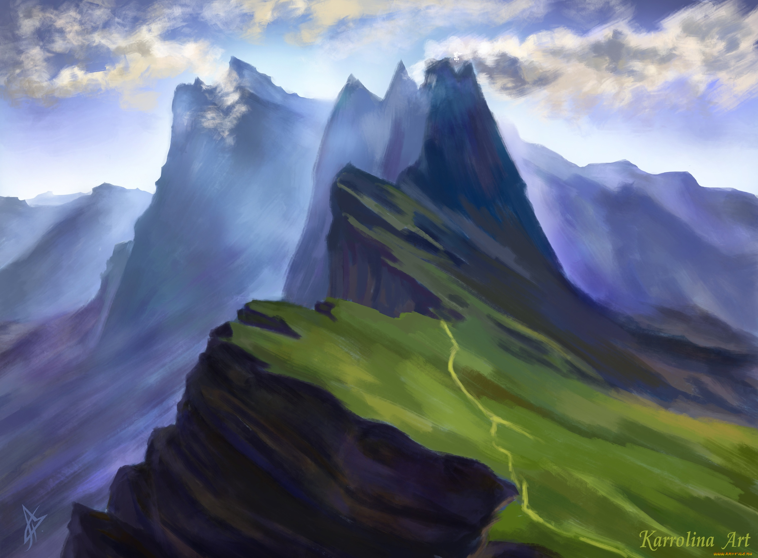 рисованное, природа, горы, тропа, скалы, облака