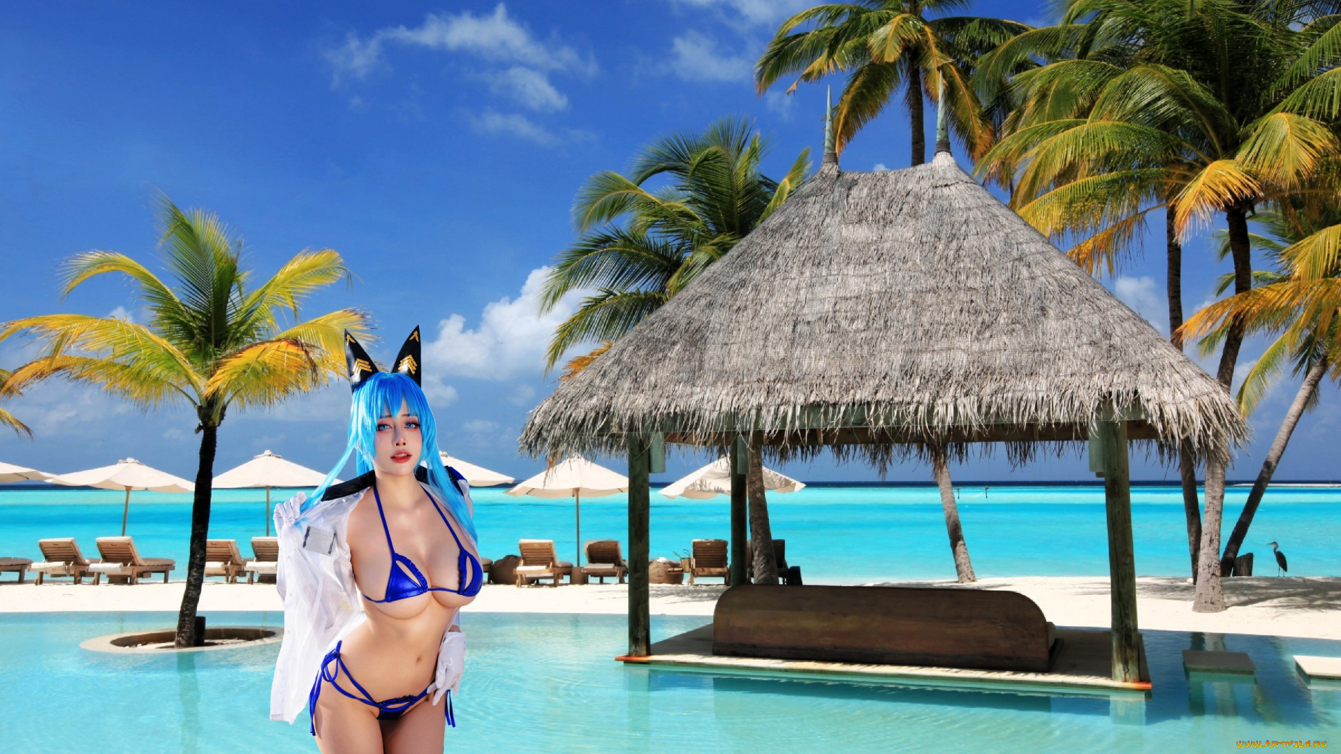 3д, графика, люди, , people, море, тропики, пальмы, девушка, косплей, бикини