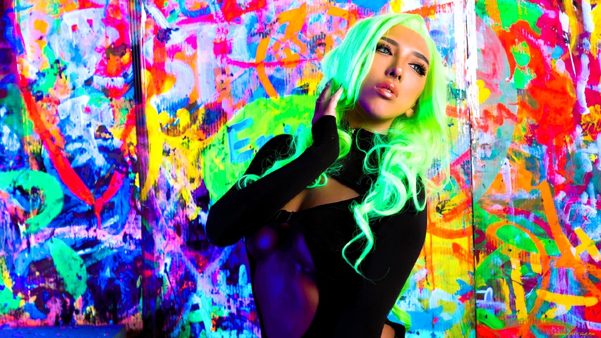 девушки, nonsummerjack, зеленые, волосы, наряд, неон, граффити, коридор