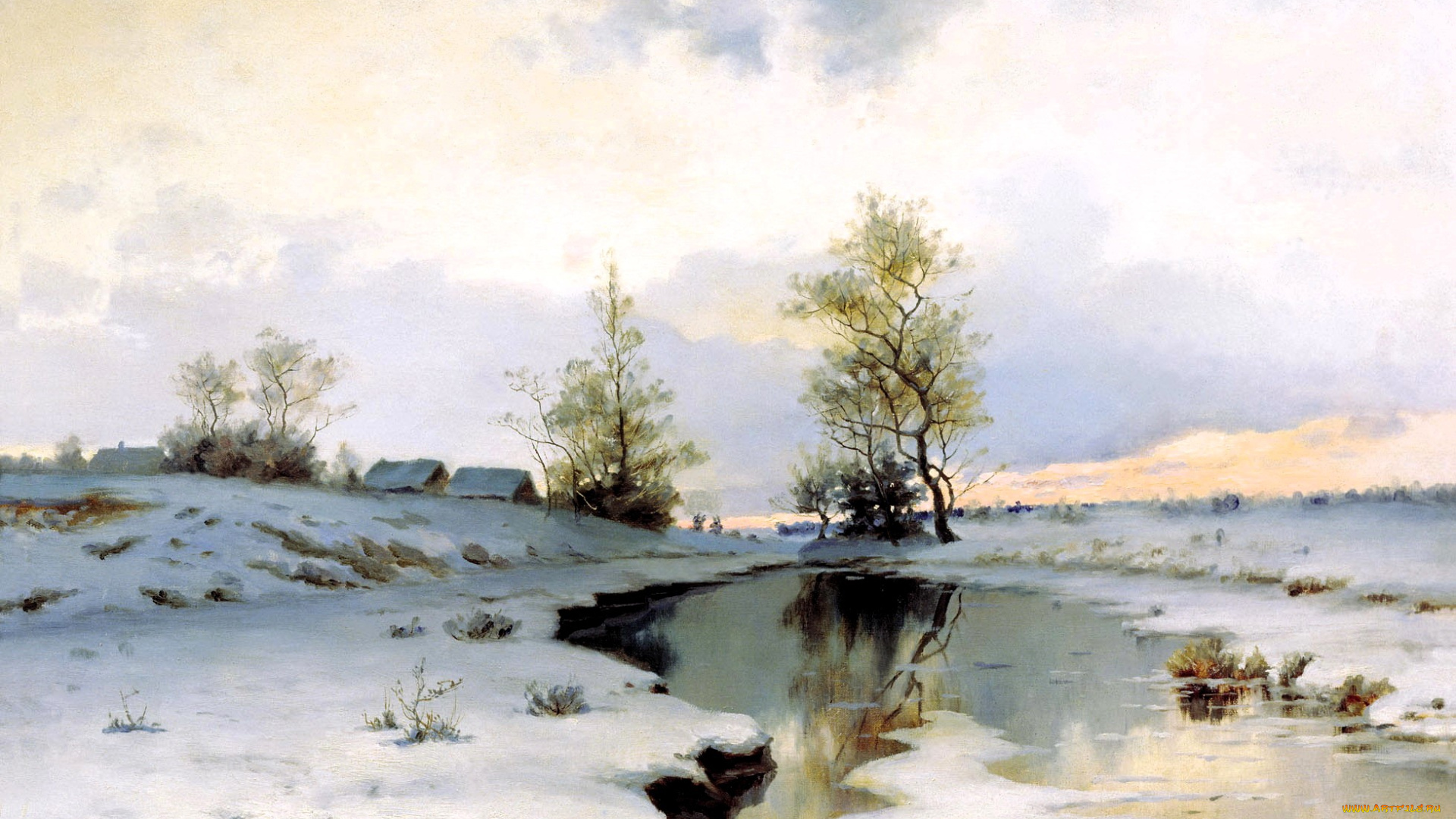 ендогуров, иван, -, начало, весны, рисованное, иван, ендогуров, снег, ручей, дома, деревья