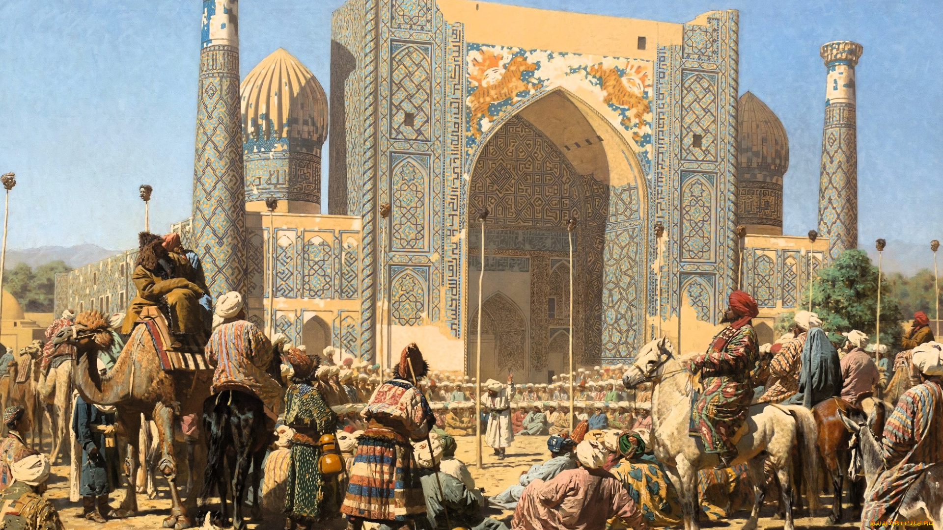 рисованное, василий, верещагин, город, площадь, люди, караван