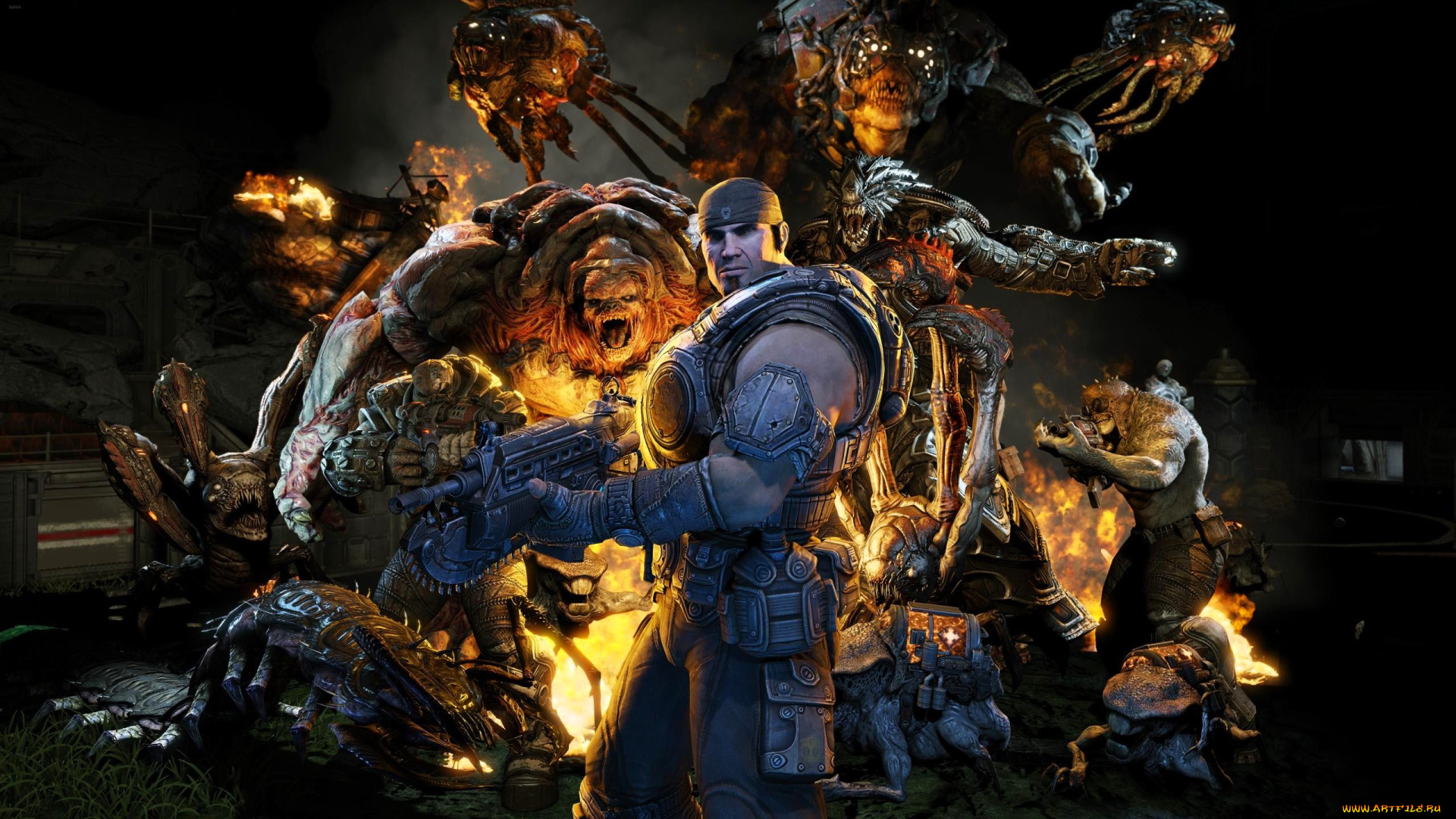 видео, игры, gears, of, war, 3, воин, броня, оружие, монстры