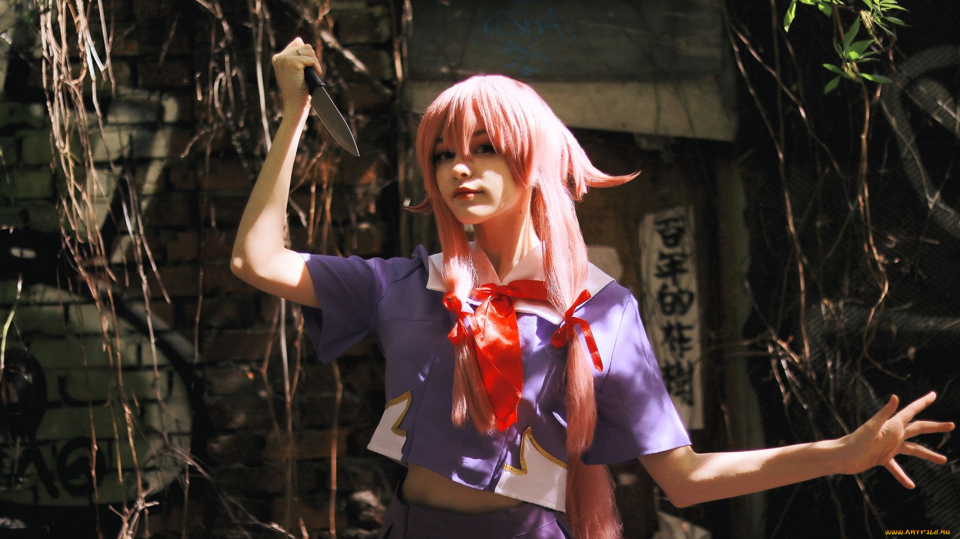 девушки, tenletters, косплей, образ, наряд, нож, развалины