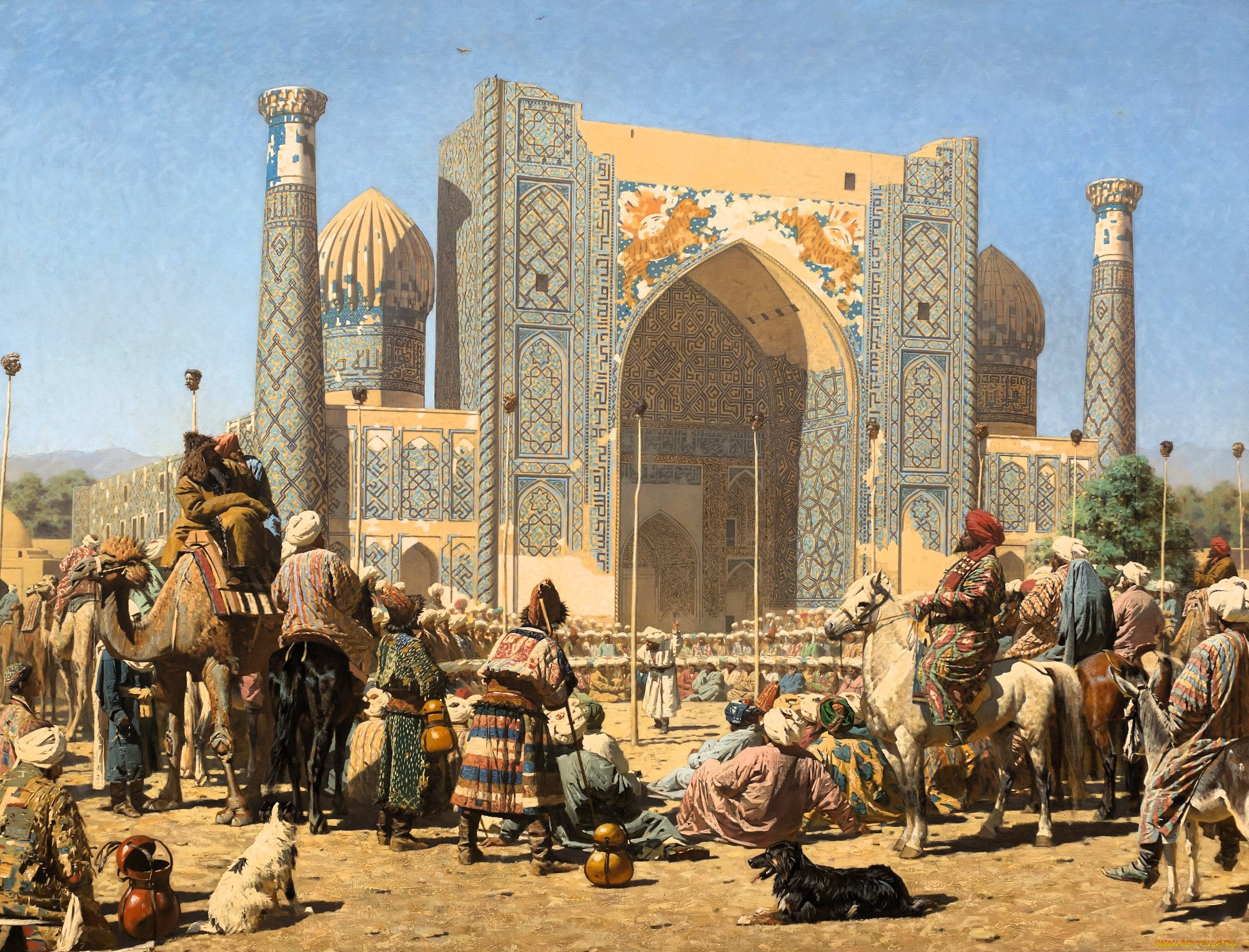 рисованное, василий, верещагин, город, площадь, люди, караван