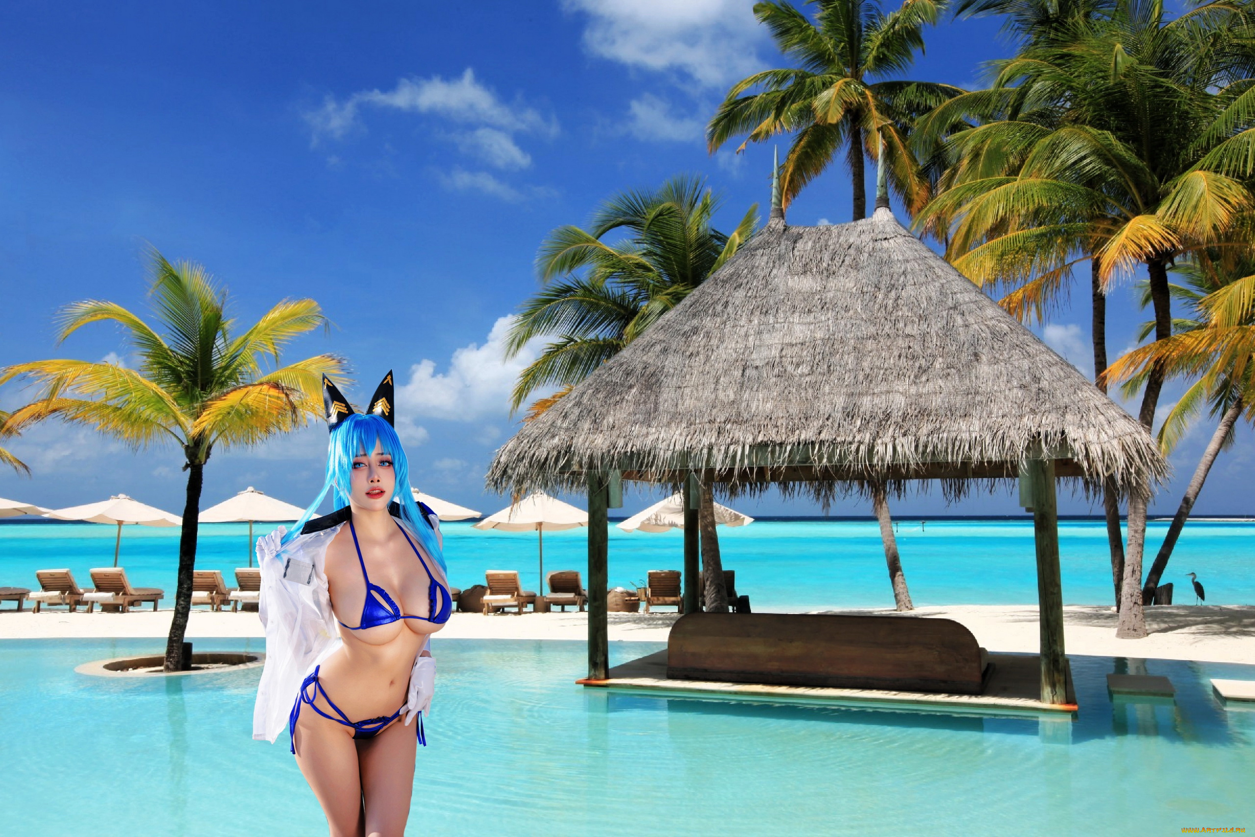 3д, графика, люди, , people, море, тропики, пальмы, девушка, косплей, бикини