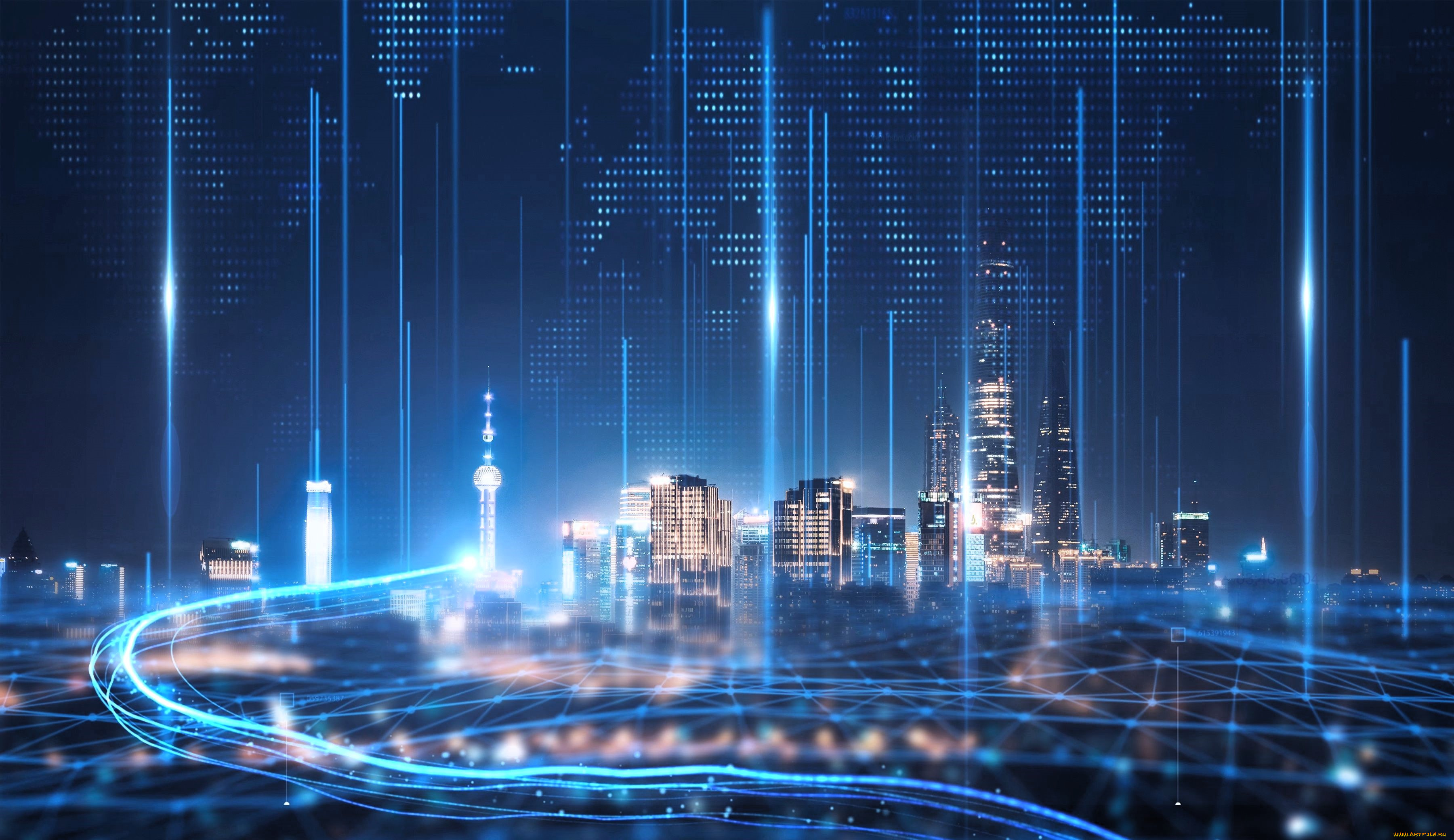 разное, компьютерный, дизайн, город, огни, сеть, свечение