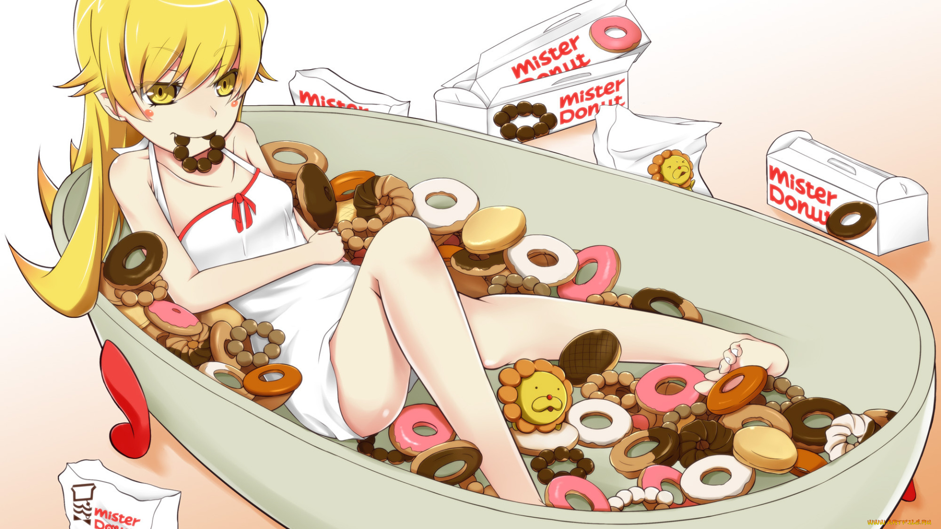 аниме, bakemonogatari, желтые, волосы, ванна, пончики, oshino, shinobu, девушка, еда