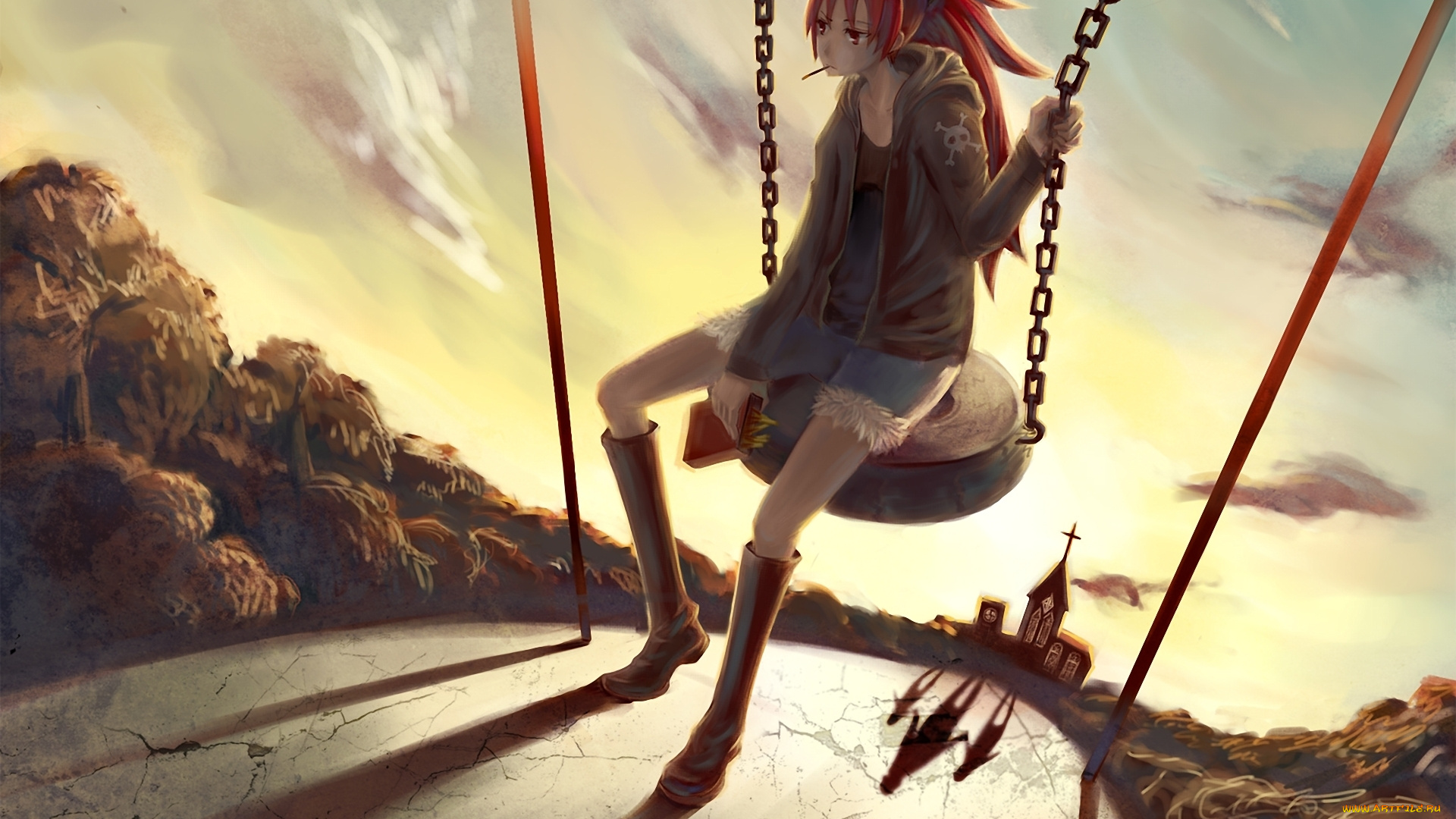 аниме, mahou, shoujo, madoka, magika, цепи, качели, девушка, церковь