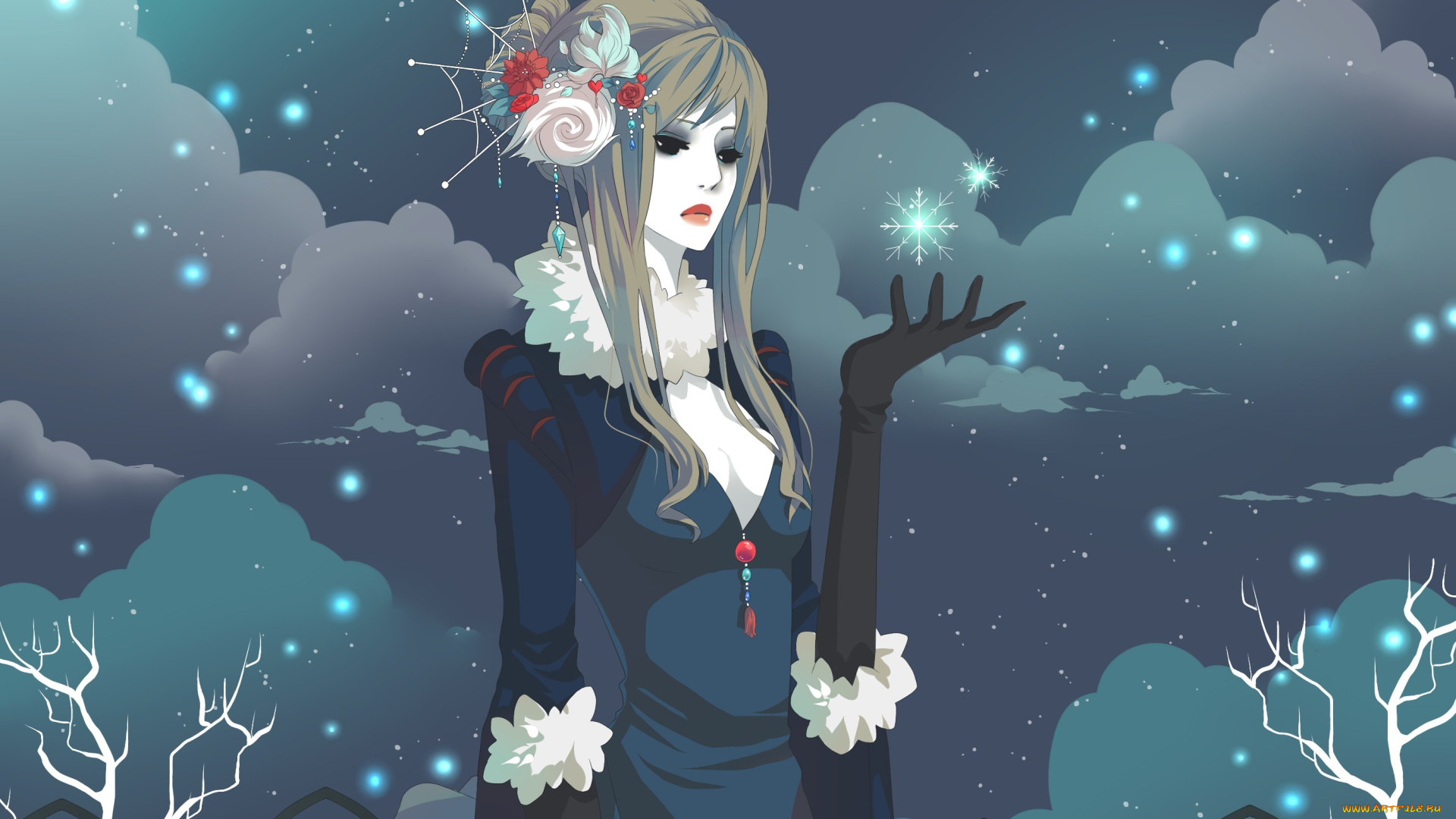 аниме, merry, chrismas, winter, печаль, тучи, снежинки, gasara, девушка, рисунок, зима