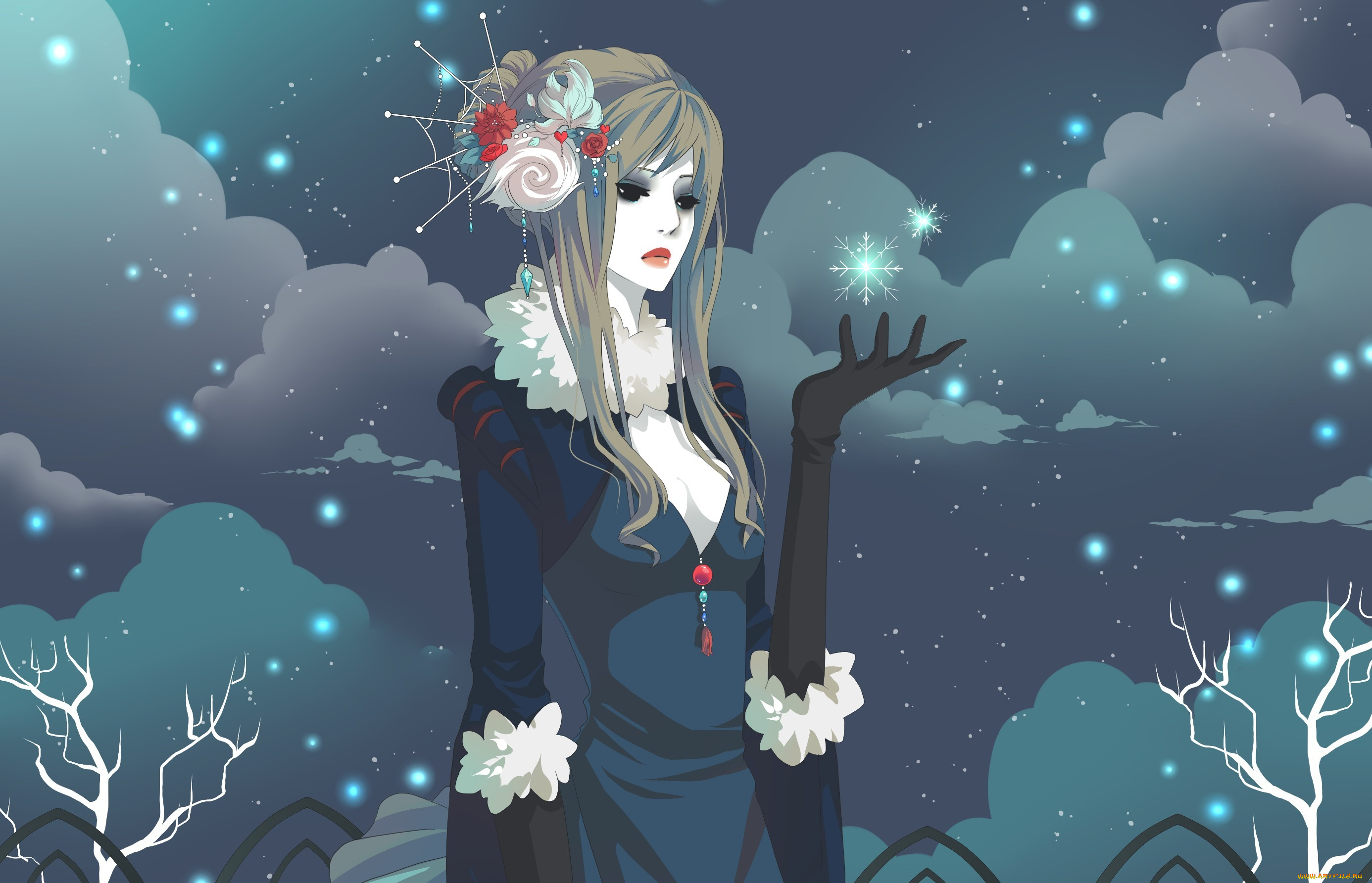 аниме, merry, chrismas, winter, печаль, тучи, снежинки, gasara, девушка, рисунок, зима