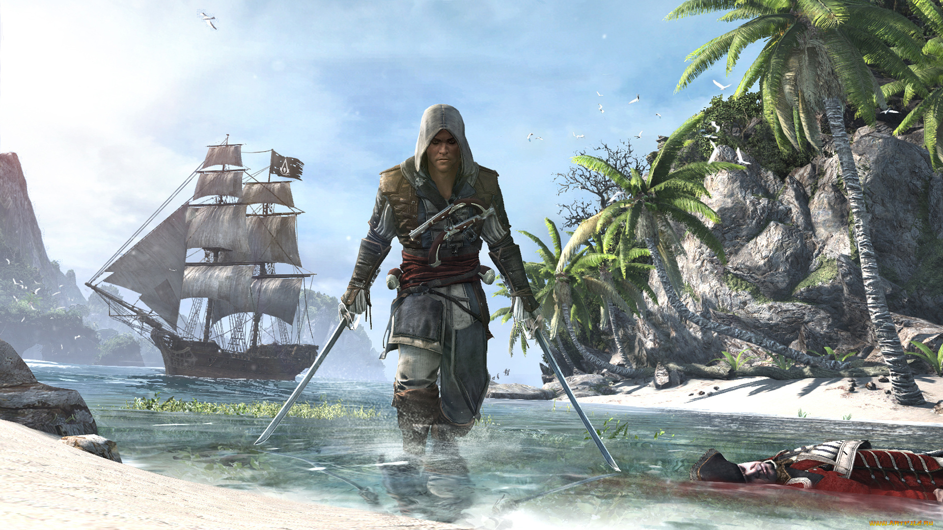 assassin`s, creed, iv, black, flag, видео, игры, пальмы, фрегат, edward, kenway, парусник