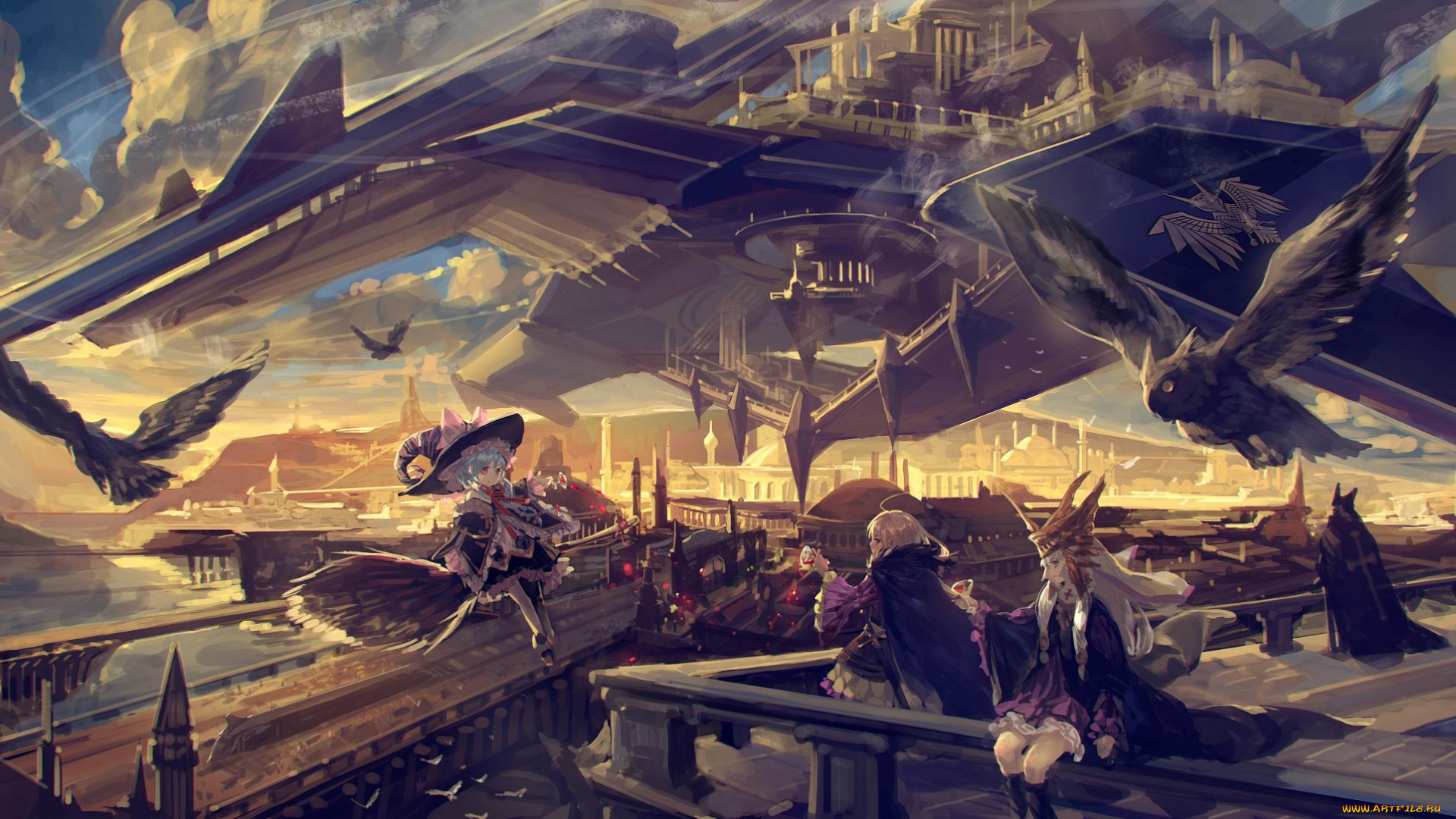 pixiv, fantasia, аниме, город, совы