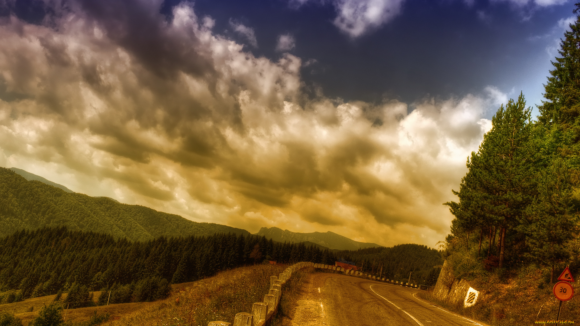 природа, дороги, разметка, обочина, дорога, леса, холмы